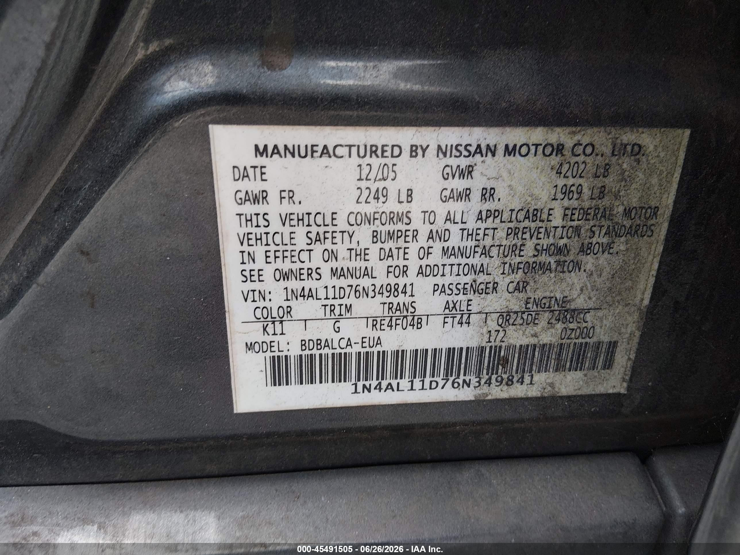 2006 Nissan Altima 2.5 S Gray vin: 1N4AL11D76N349841
