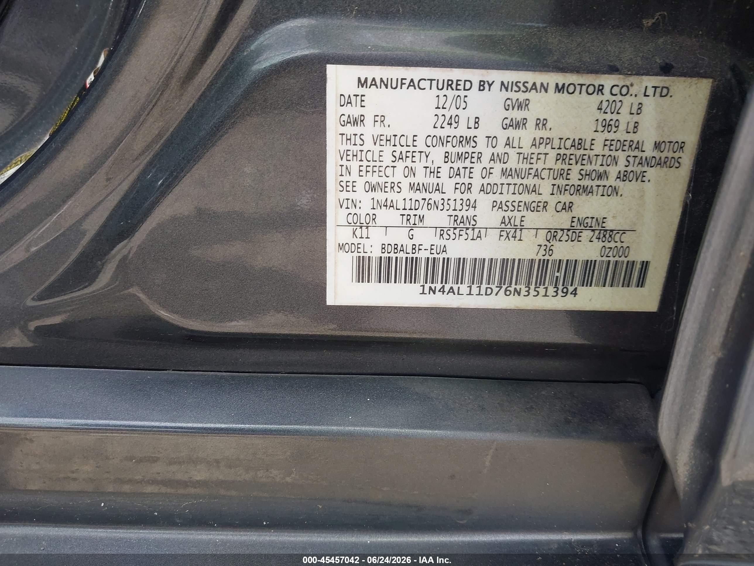 2006 Nissan Altima 2.5 S Серый vin: 1N4AL11D76N351394