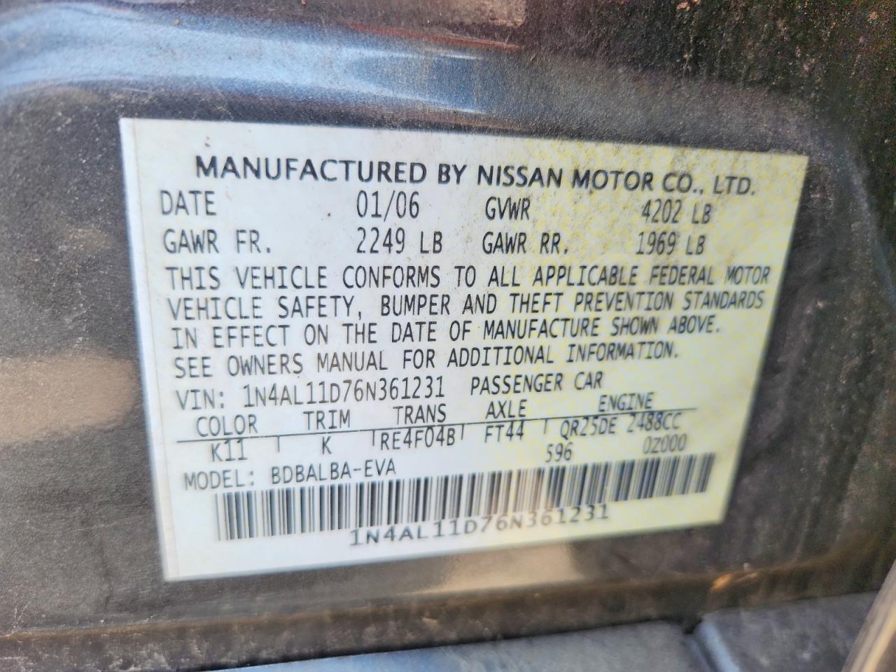 2006 Nissan Altima 2.5 Gray vin: 1N4AL11D76N361231