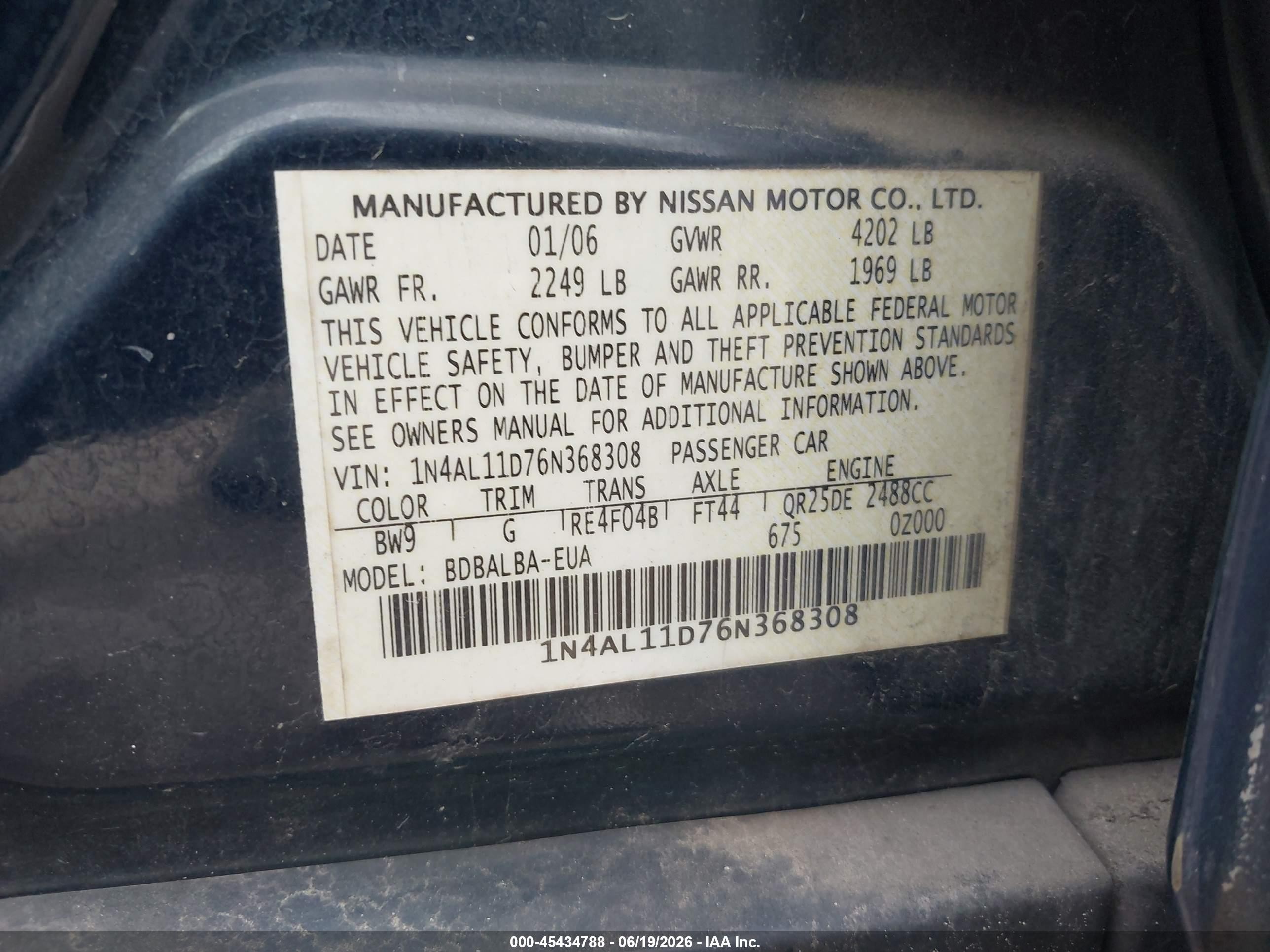 2006 Nissan Altima 2.5 S Blue vin: 1N4AL11D76N368308