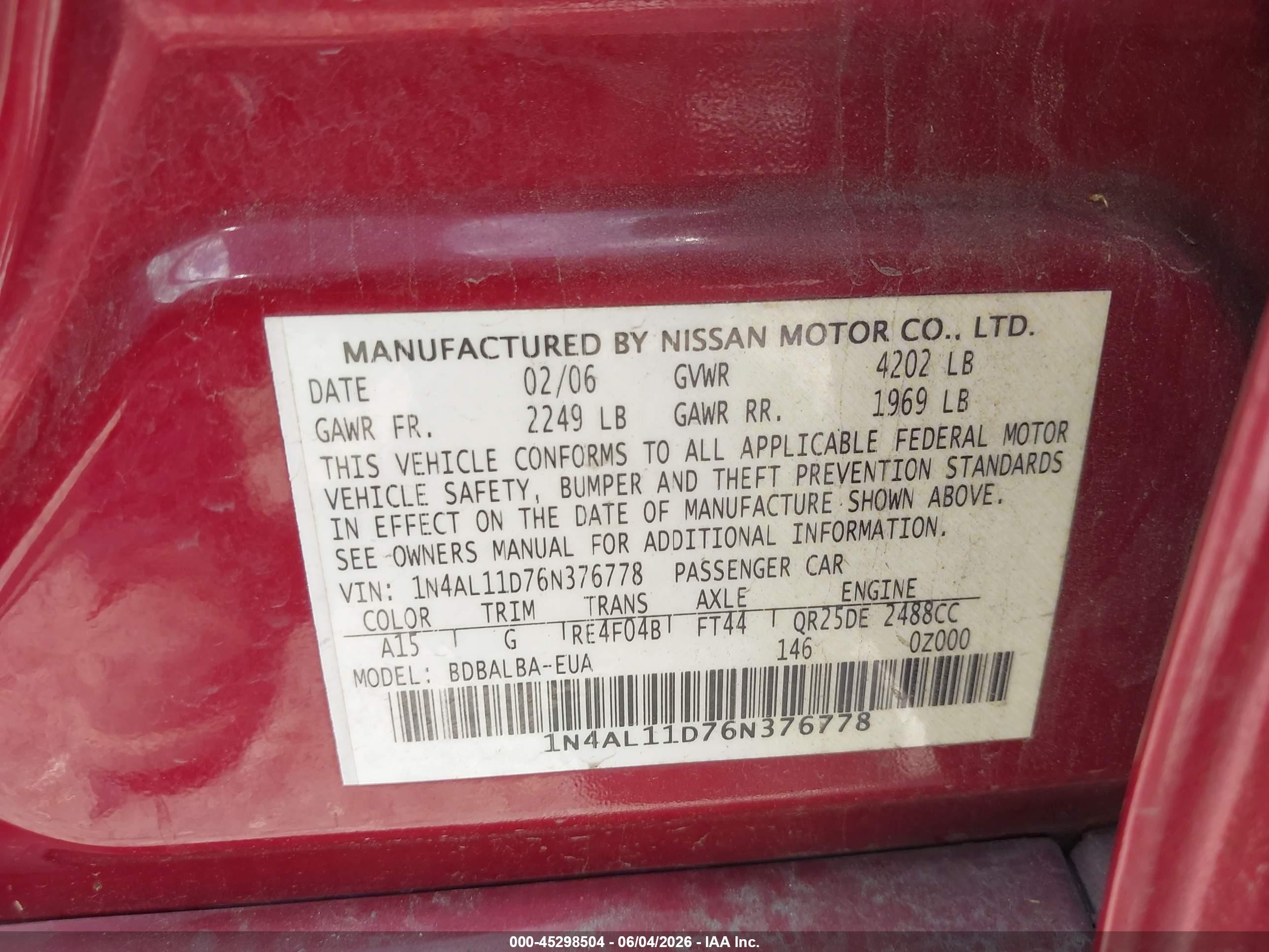 2006 Nissan Altima 2.5 S Red vin: 1N4AL11D76N376778