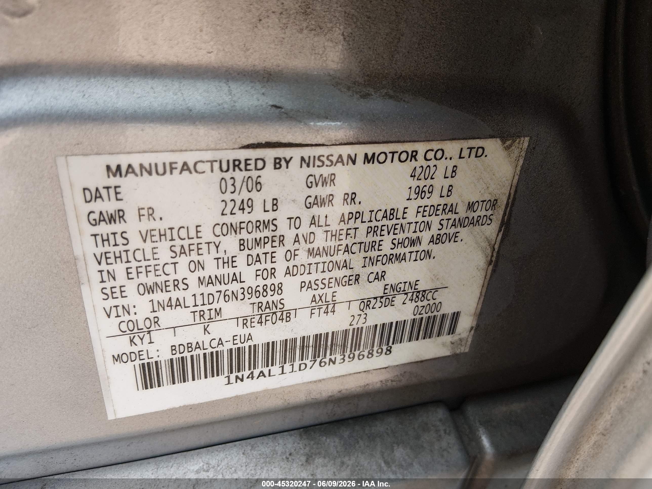 2006 Nissan Altima 2.5 S Silver vin: 1N4AL11D76N396898