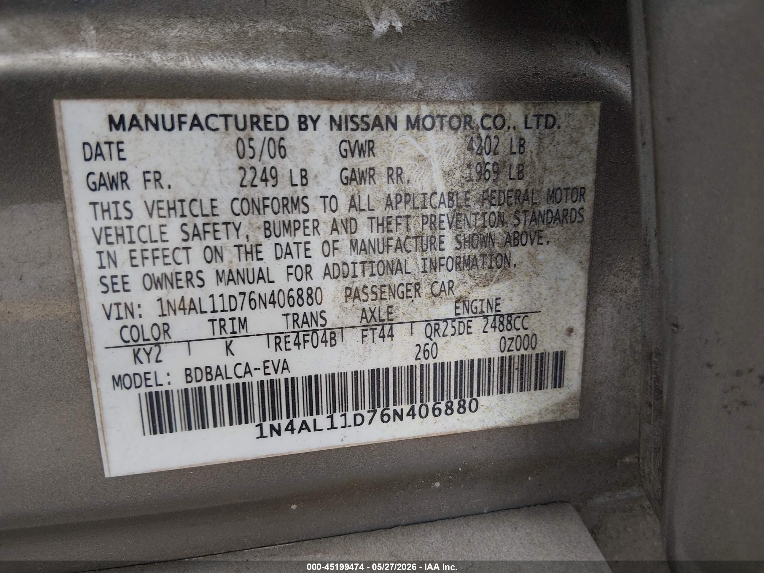 2006 Nissan Altima 2.5 S Tan vin: 1N4AL11D76N406880