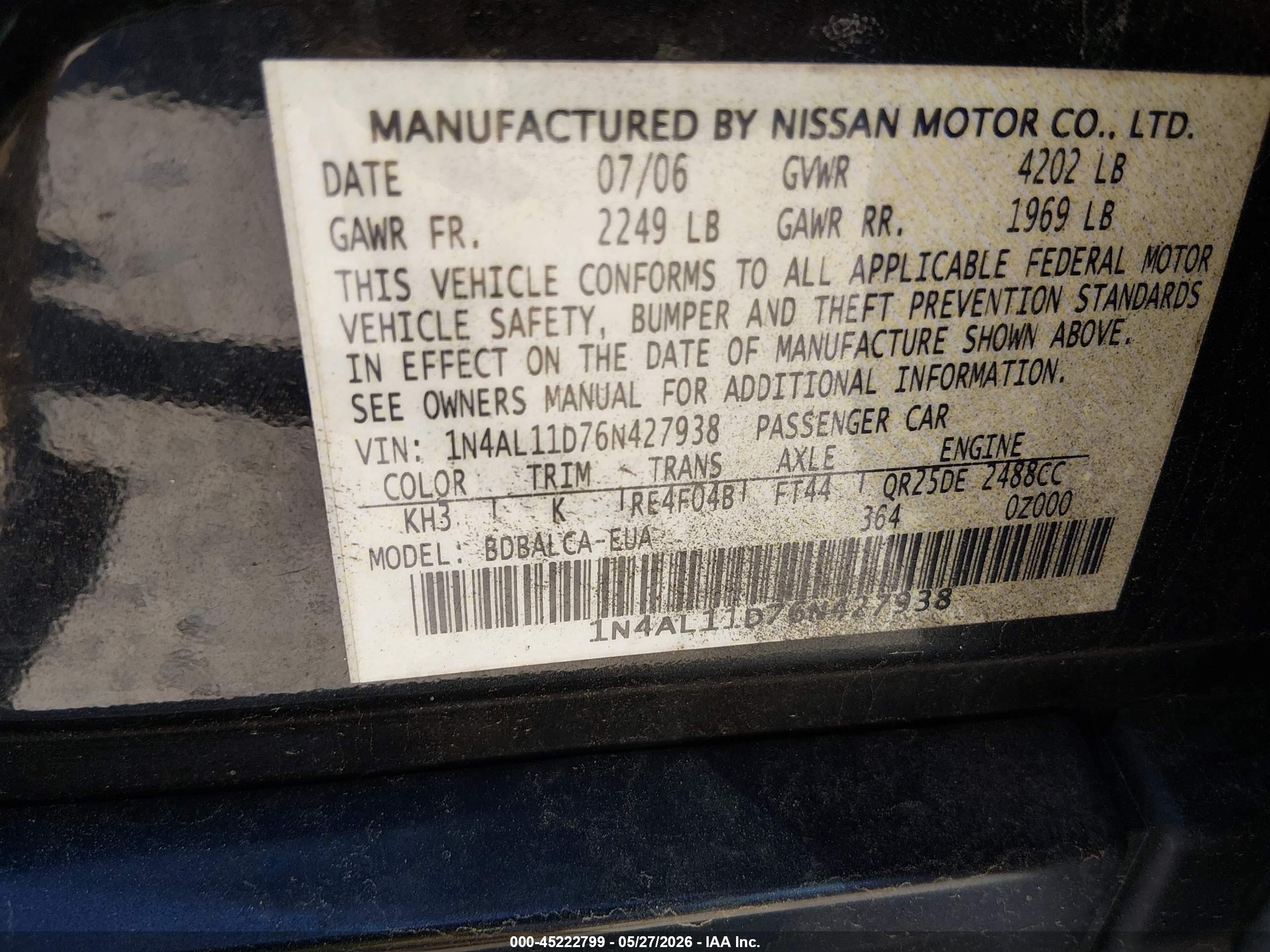 2006 Nissan Altima 2.5 S Black vin: 1N4AL11D76N427938
