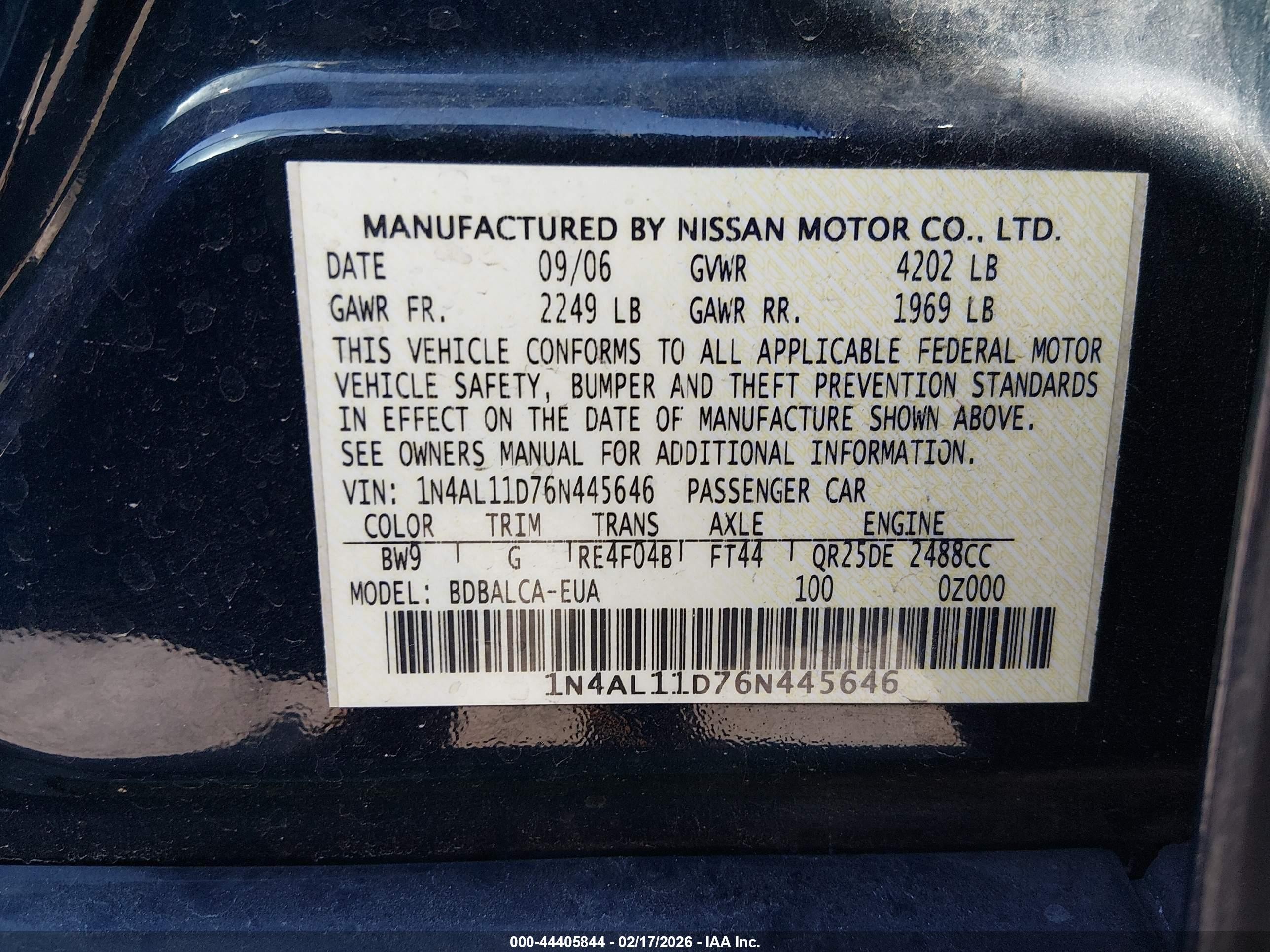 2006 Nissan Altima 2.5 S Blue vin: 1N4AL11D76N445646