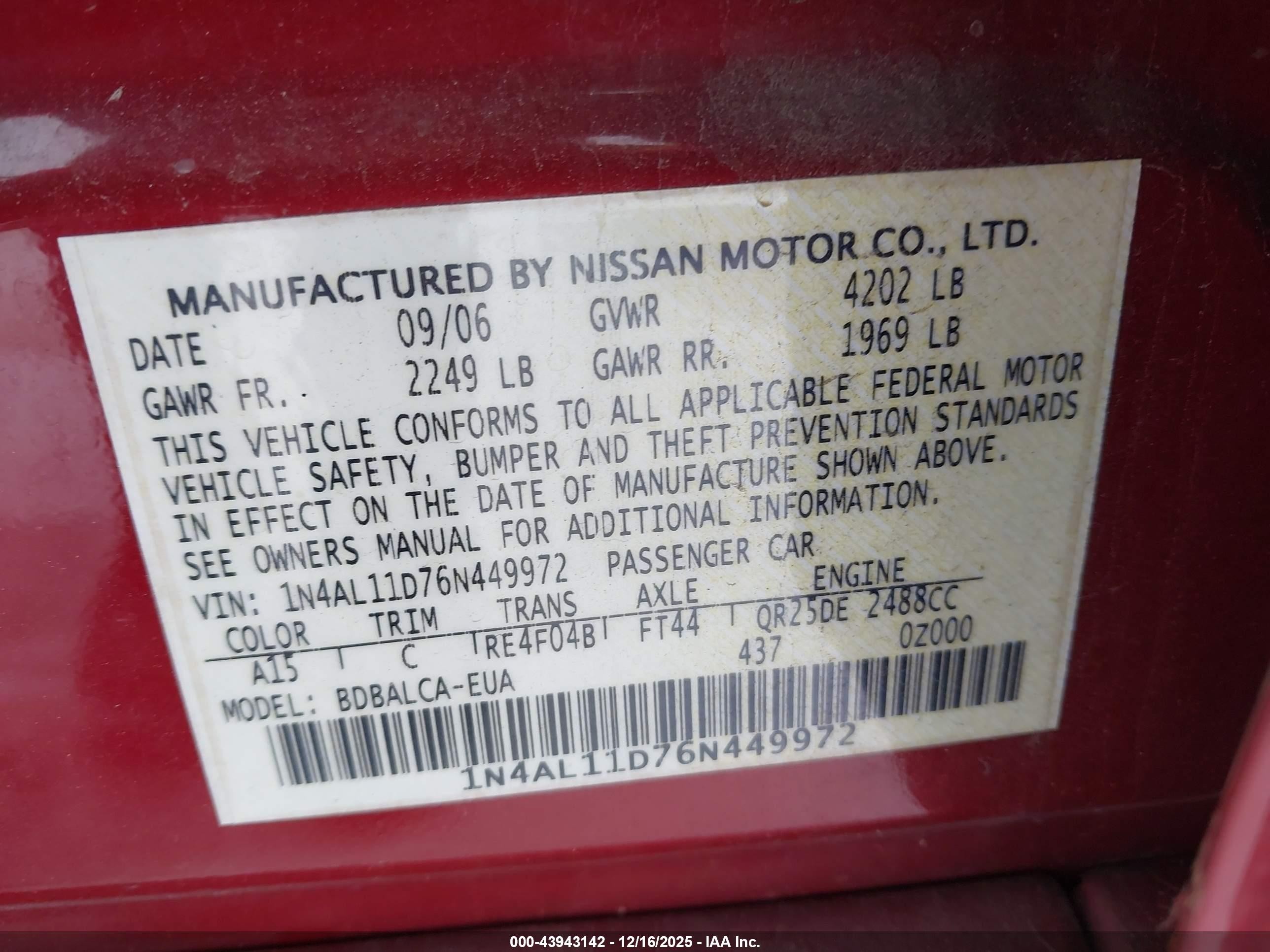 2006 Nissan Altima 2.5 S Red vin: 1N4AL11D76N449972