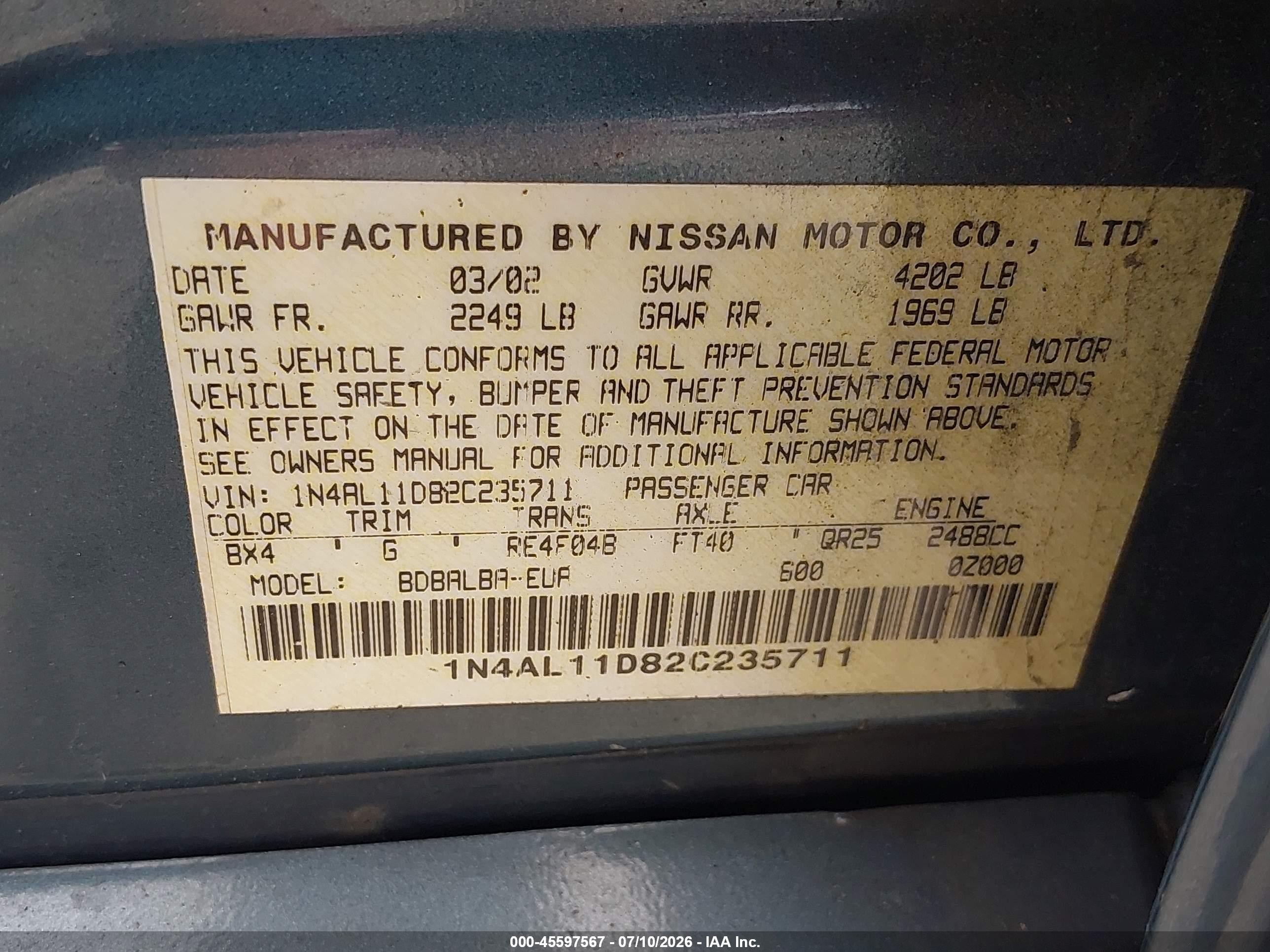 2002 Nissan Altima 2.5 Sl Blue vin: 1N4AL11D82C235711