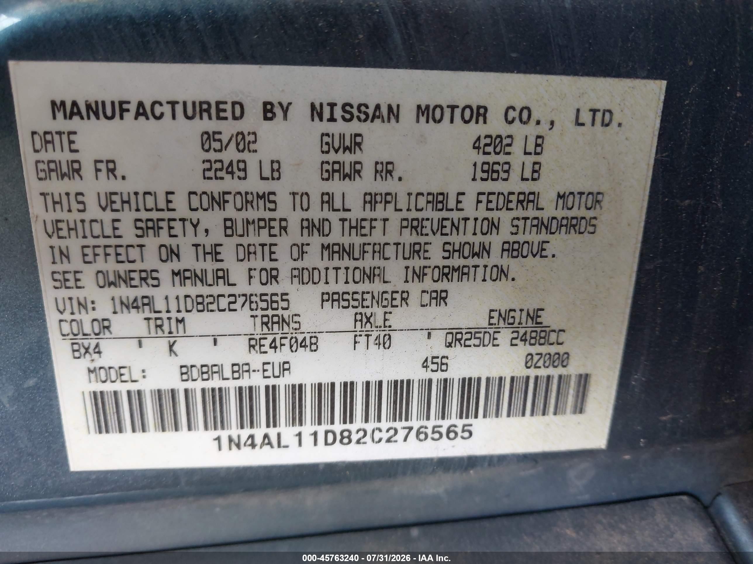 2002 Nissan Altima 2.5 S Синий vin: 1N4AL11D82C276565