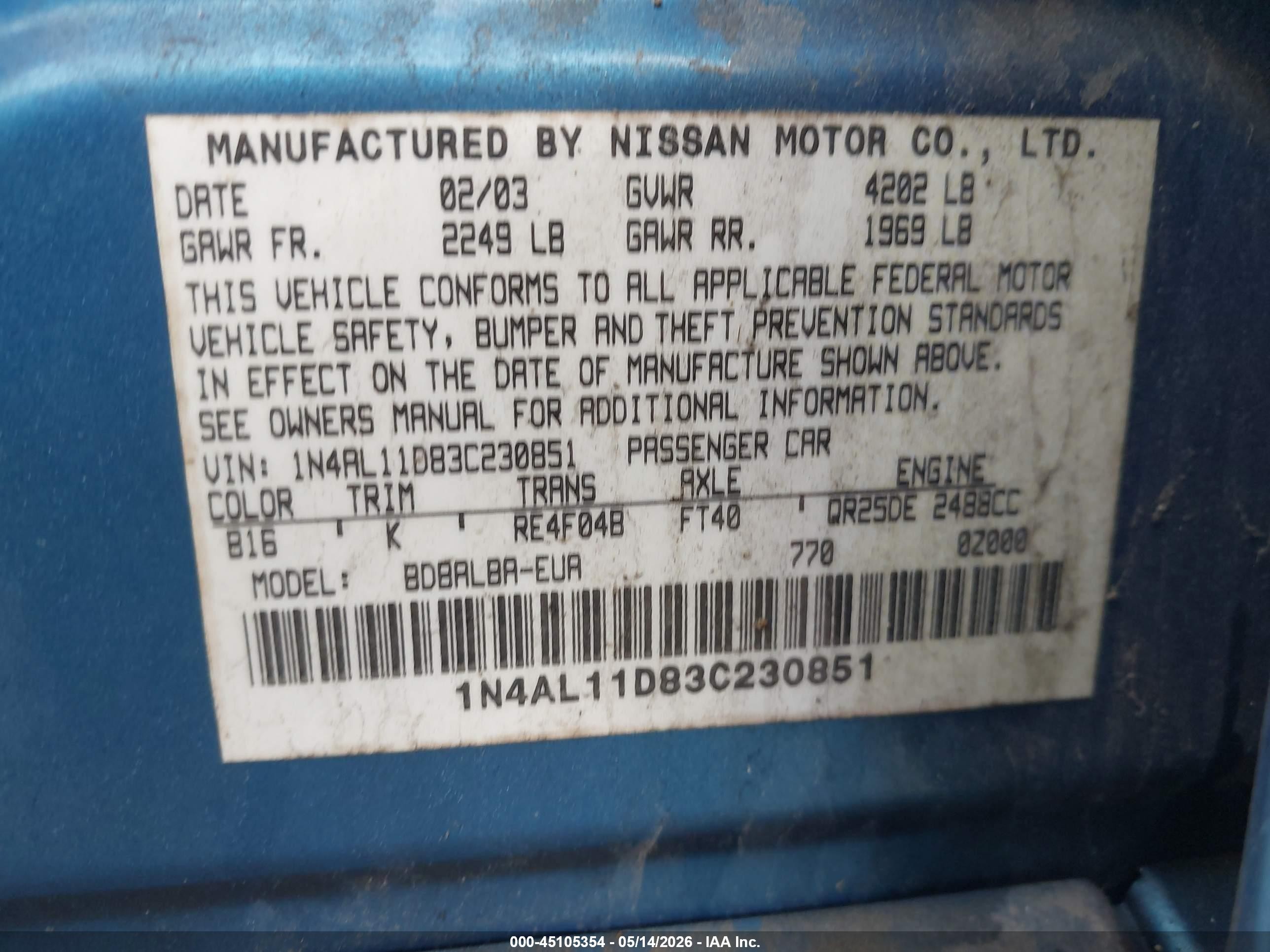 2003 Nissan Altima 2.5 S Blue vin: 1N4AL11D83C230851