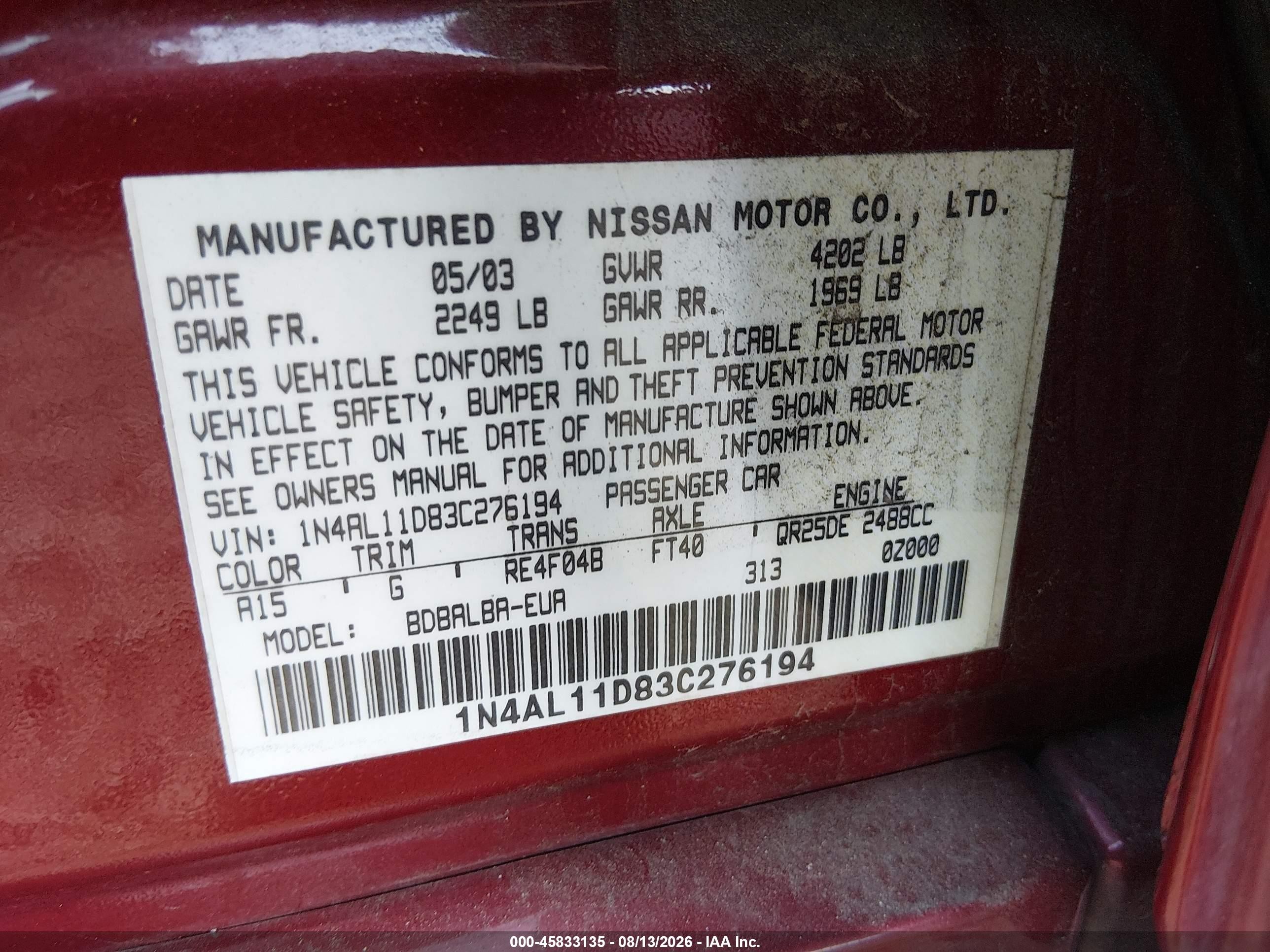 2003 Nissan Altima 2.5 S Red vin: 1N4AL11D83C276194