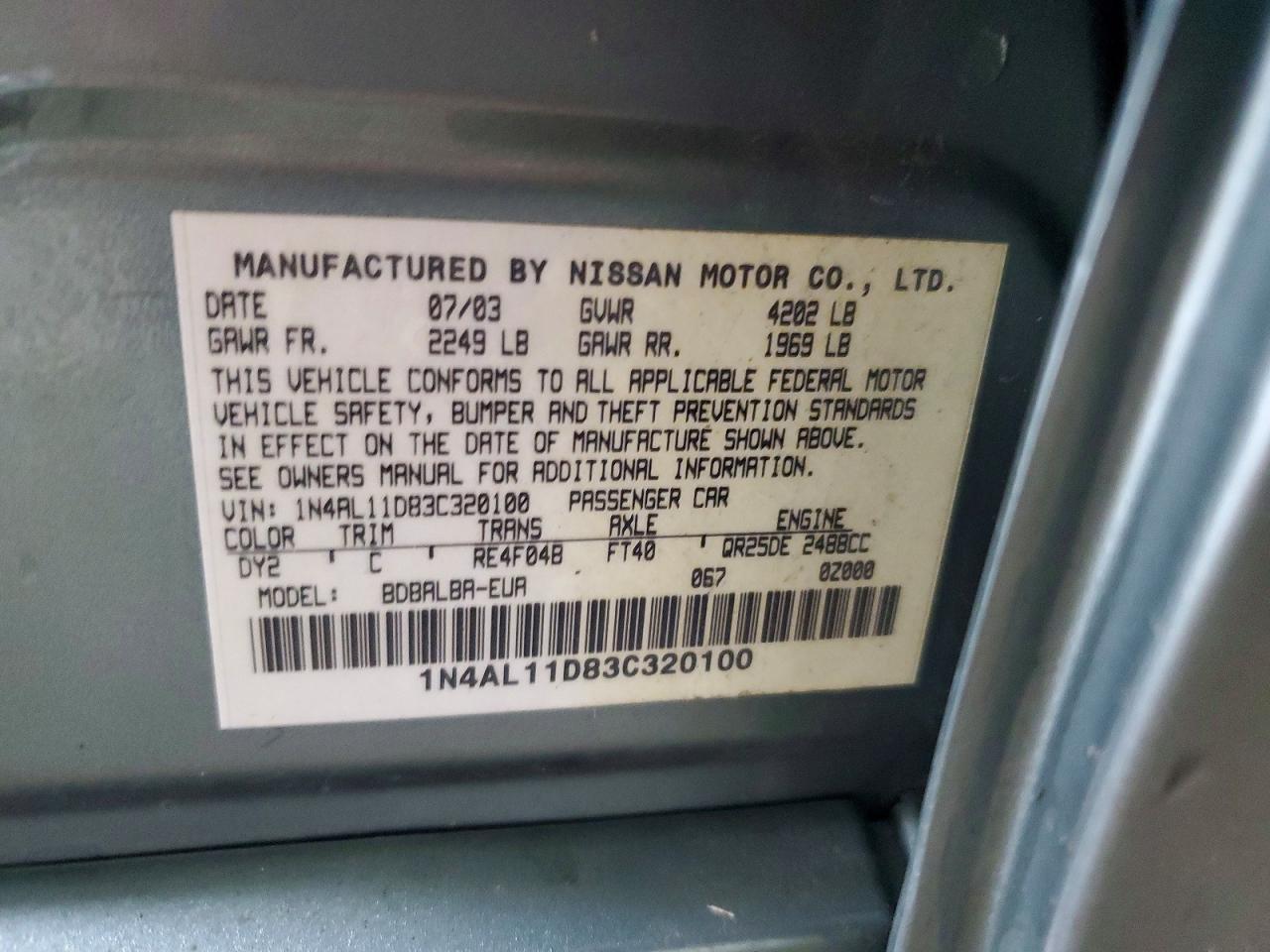 2003 Nissan Altima 2.5 Green vin: 1N4AL11D83C320100