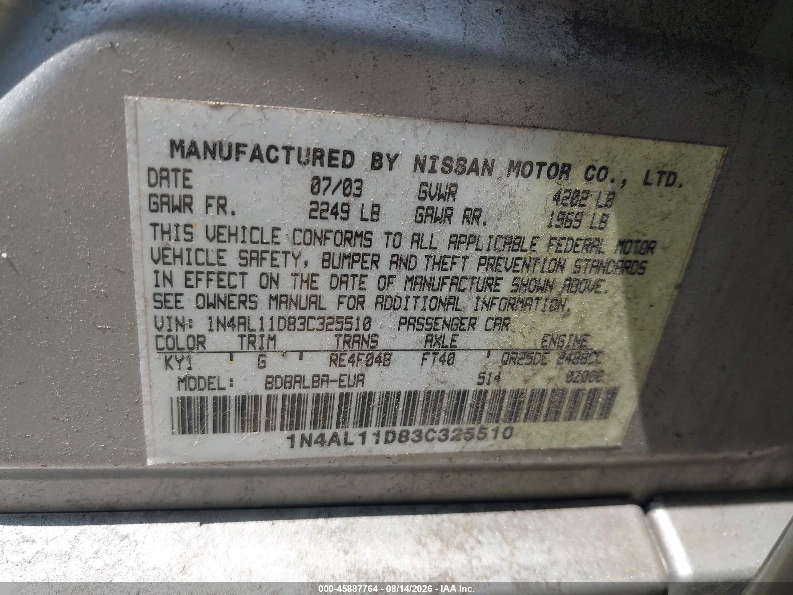 2003 Nissan Altima 2.5 S Silver vin: 1N4AL11D83C325510