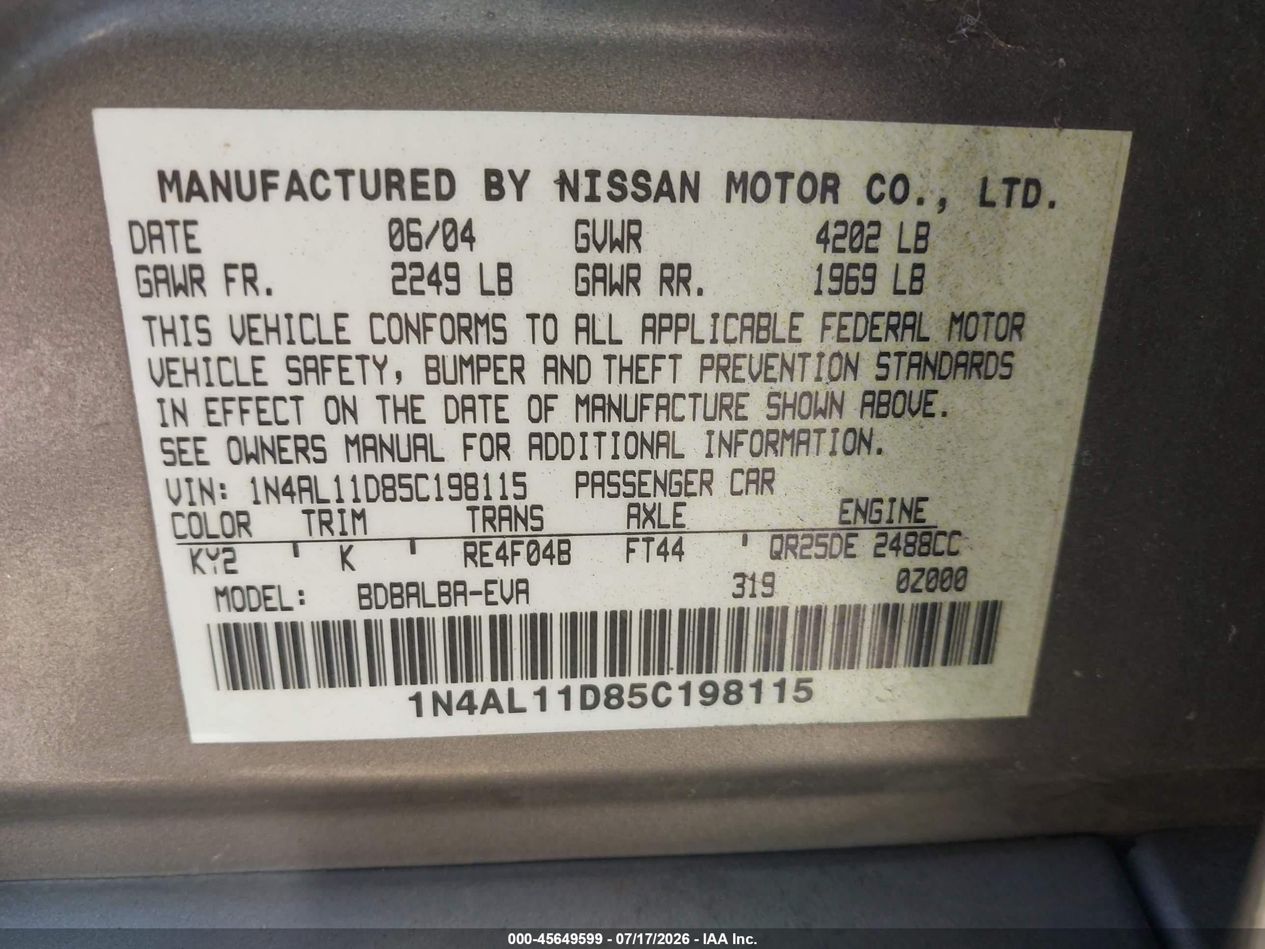 2005 Nissan Altima 2.5 S Gray vin: 1N4AL11D85C198115