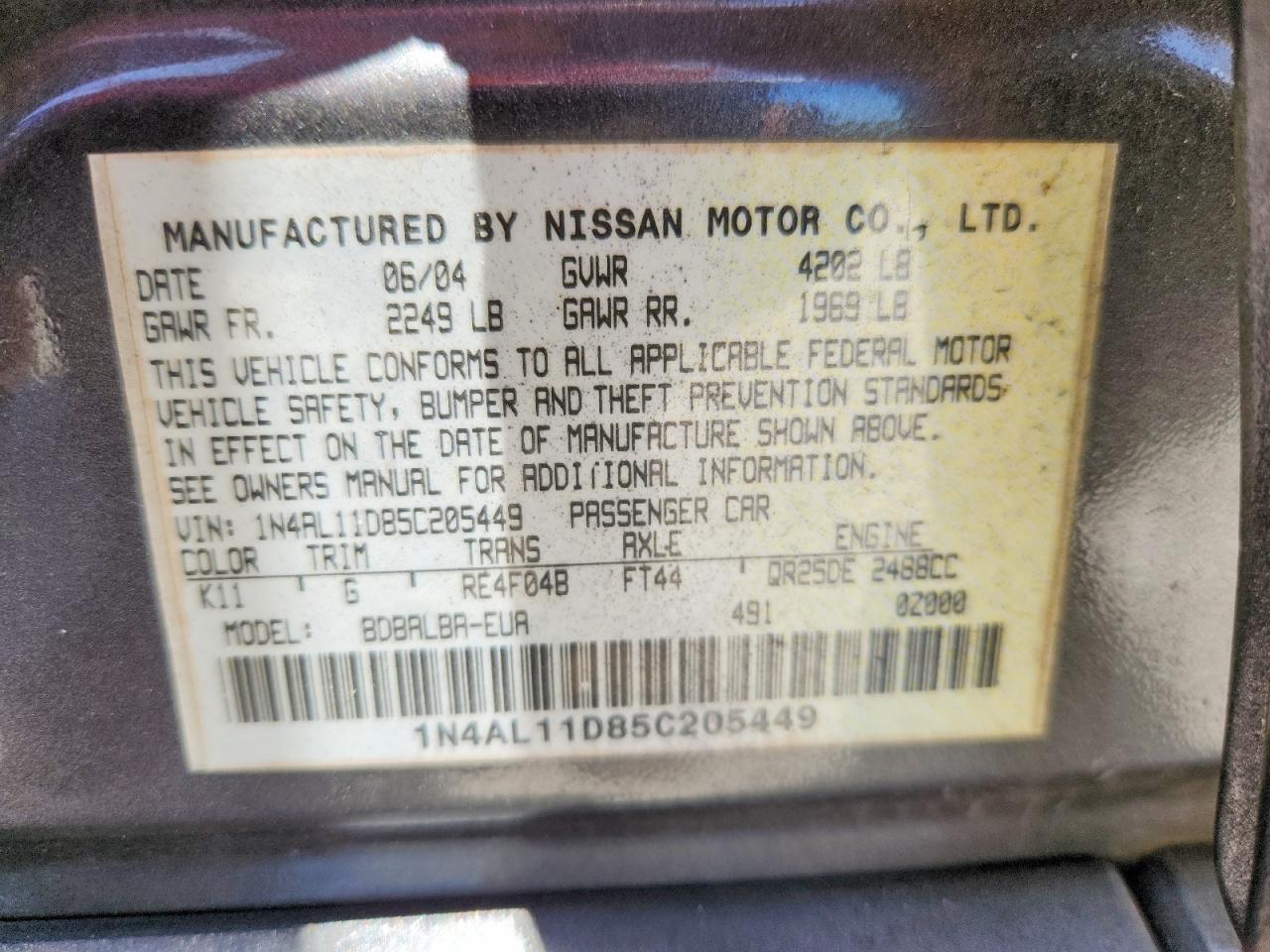 2005 Nissan Altima 2.5 Серый vin: 1N4AL11D85C205449