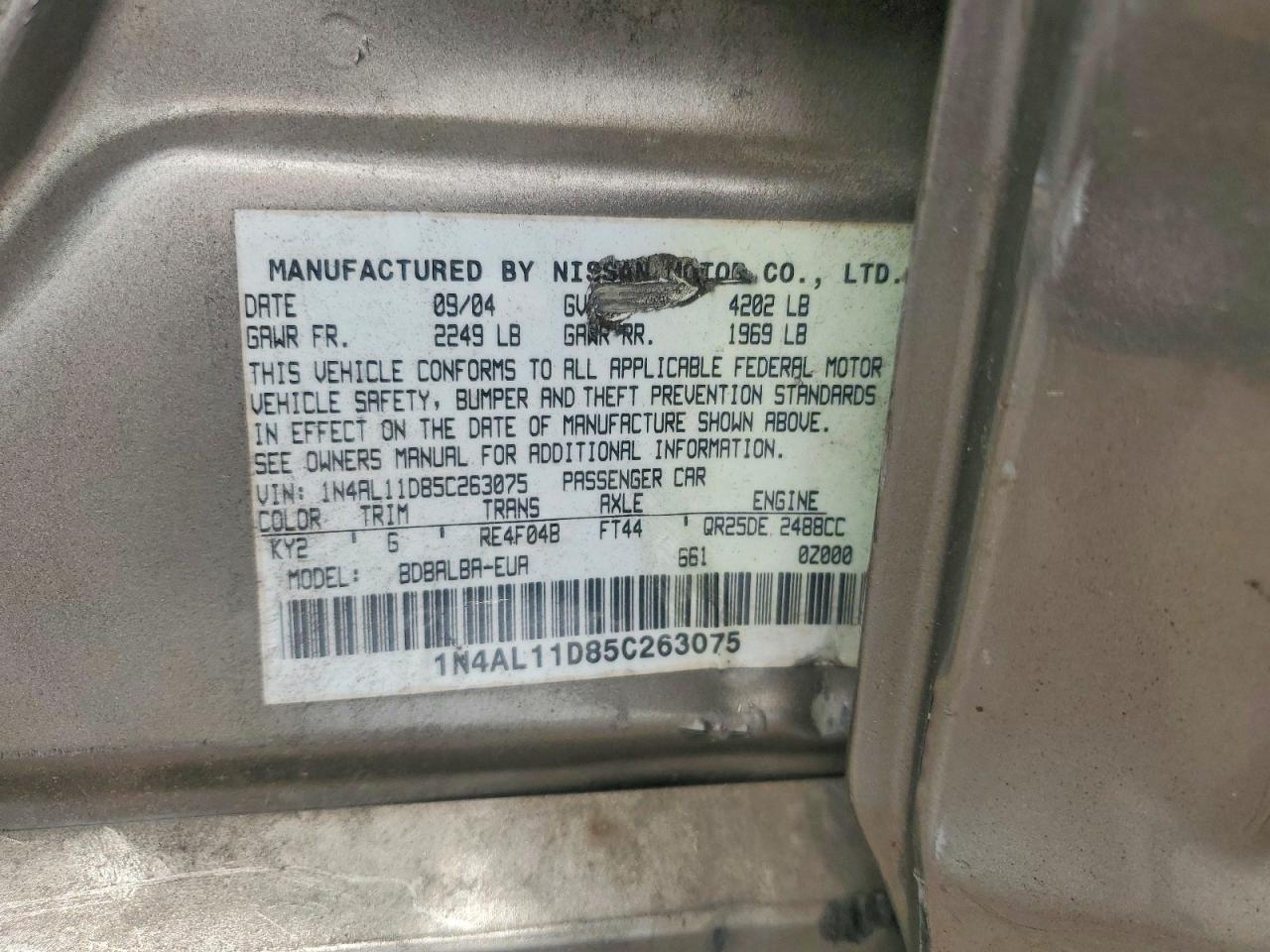 2005 Nissan Altima 2.5 Золотой vin: 1N4AL11D85C263075