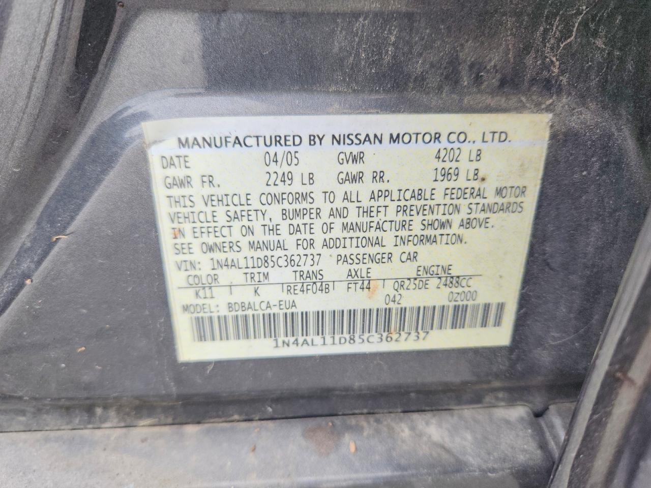 2005 Nissan Altima 2.5 Gray vin: 1N4AL11D85C362737