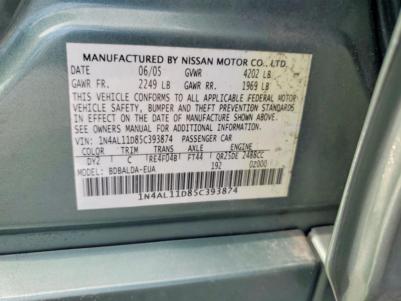 2005 Nissan Altima S/sl Green vin: 1N4AL11D85C393874
