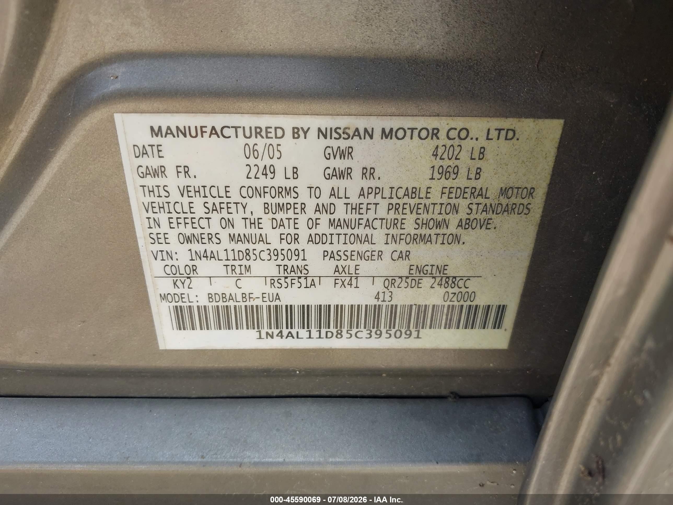 2005 Nissan Altima 2.5 S Champagne vin: 1N4AL11D85C395091
