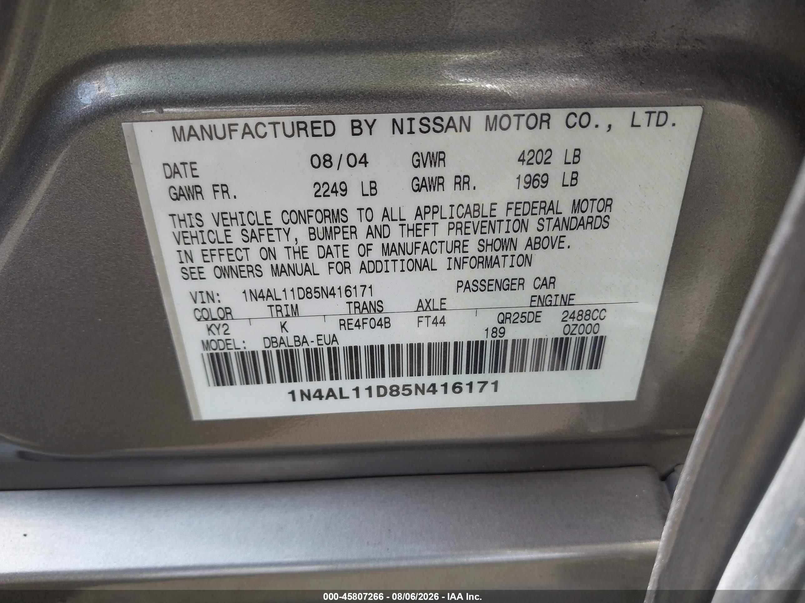 2005 Nissan Altima 2.5 S Золотой vin: 1N4AL11D85N416171