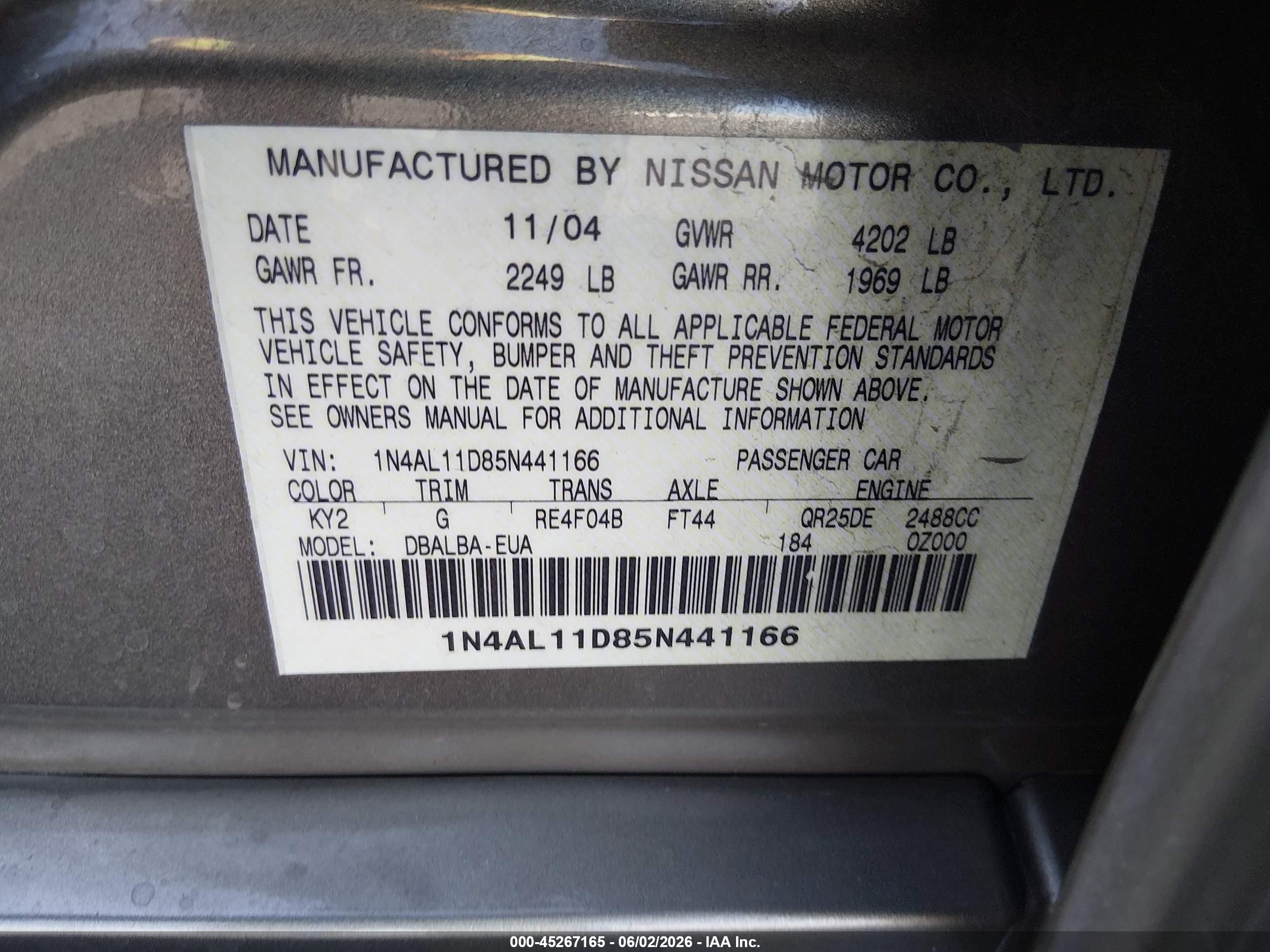 2005 Nissan Altima 2.5 S Gray vin: 1N4AL11D85N441166