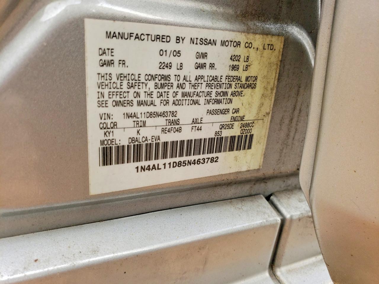 2005 Nissan Altima 2.5 Серебряный vin: 1N4AL11D85N463782