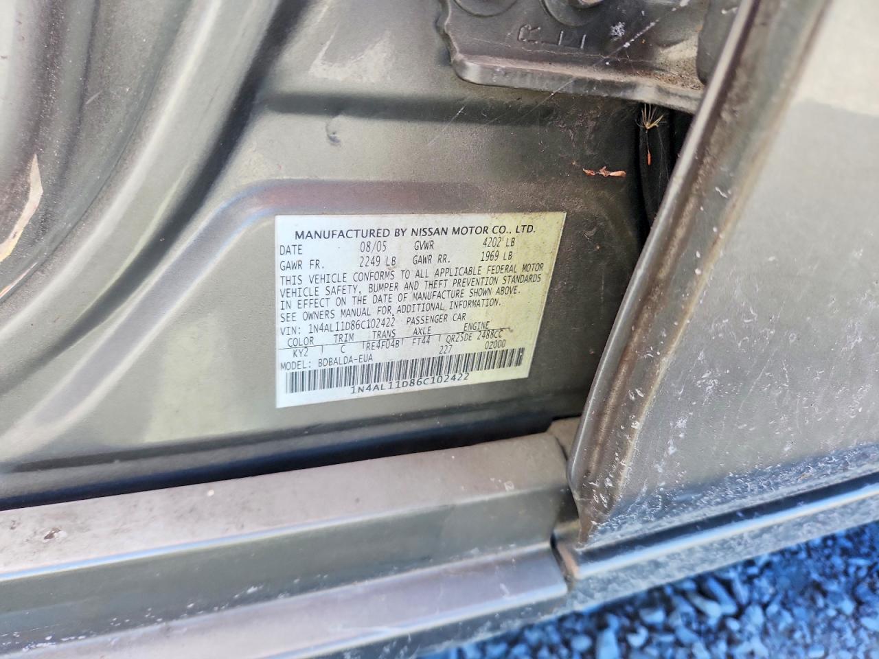2006 Nissan Altima 2.5 Gray vin: 1N4AL11D86C102422