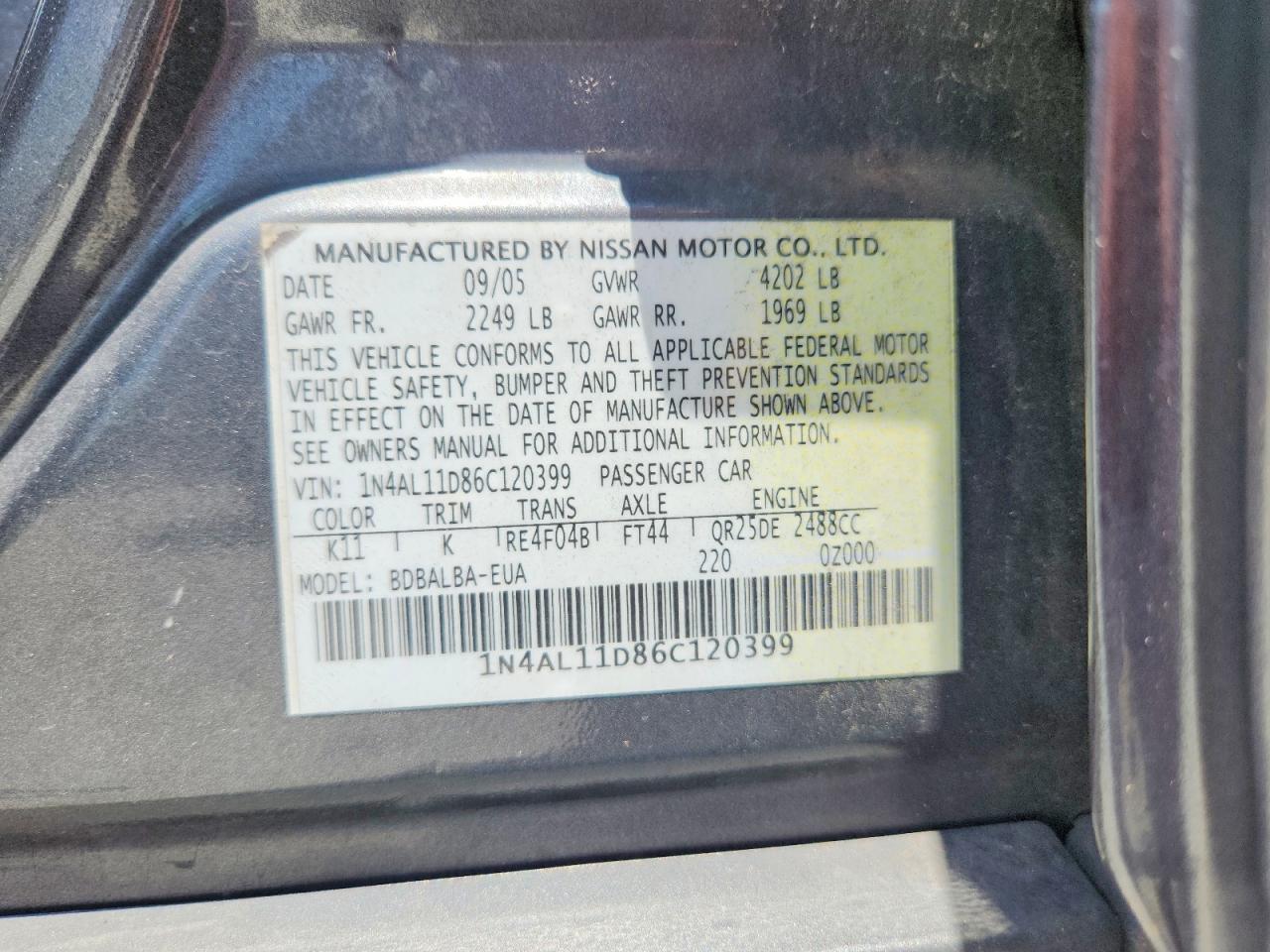 2006 Nissan Altima 2.5 Серый vin: 1N4AL11D86C120399