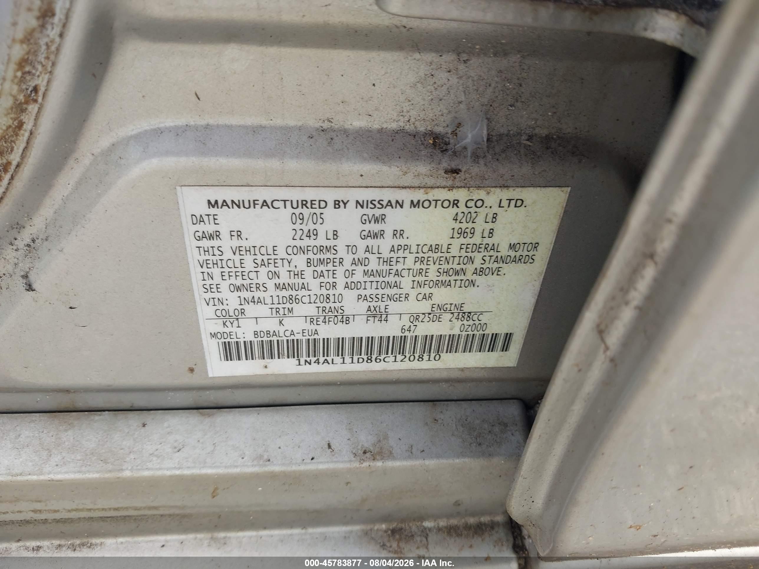 2006 Nissan Altima 2.5 S Silver vin: 1N4AL11D86C120810