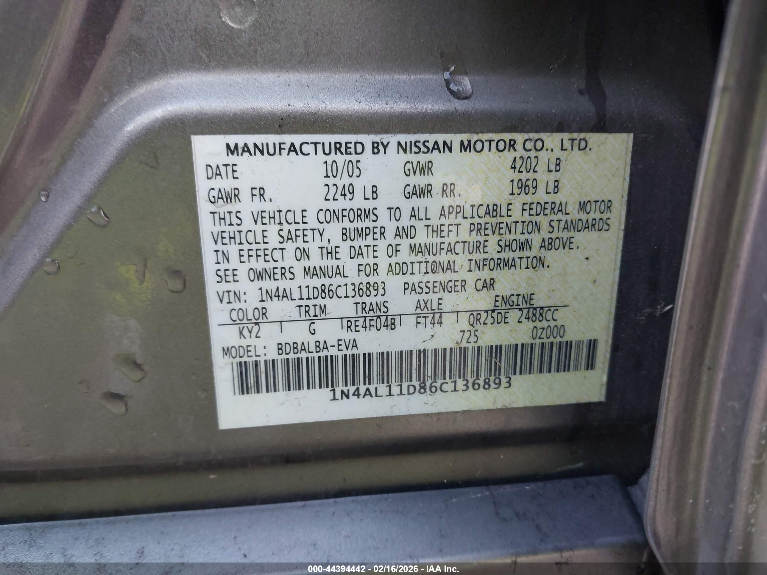 2006 Nissan Altima 2.5 S Золотой vin: 1N4AL11D86C136893