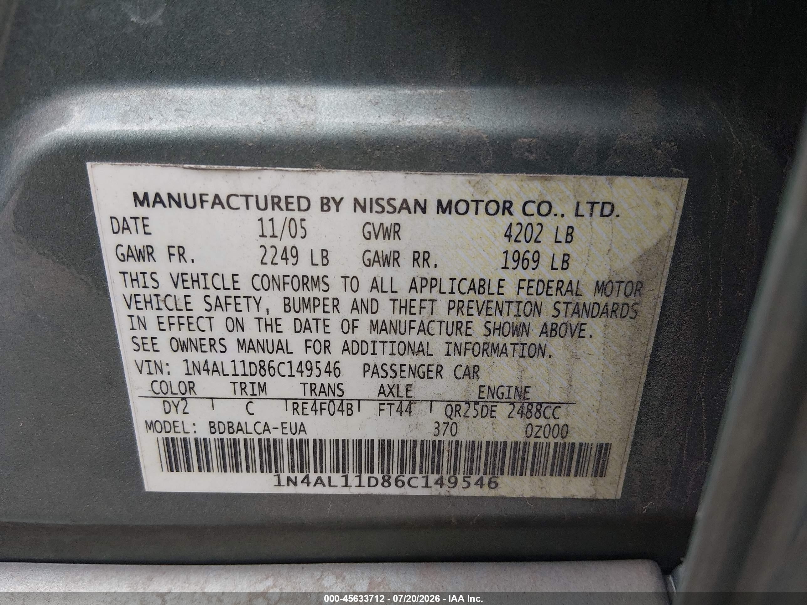 2006 Nissan Altima 2.5 S Green vin: 1N4AL11D86C149546