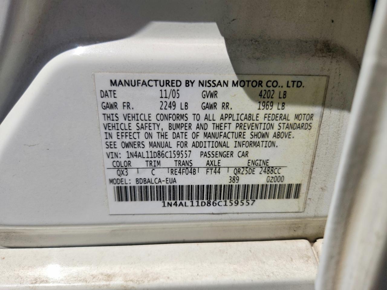 2006 Nissan Altima 2.5 White vin: 1N4AL11D86C159557