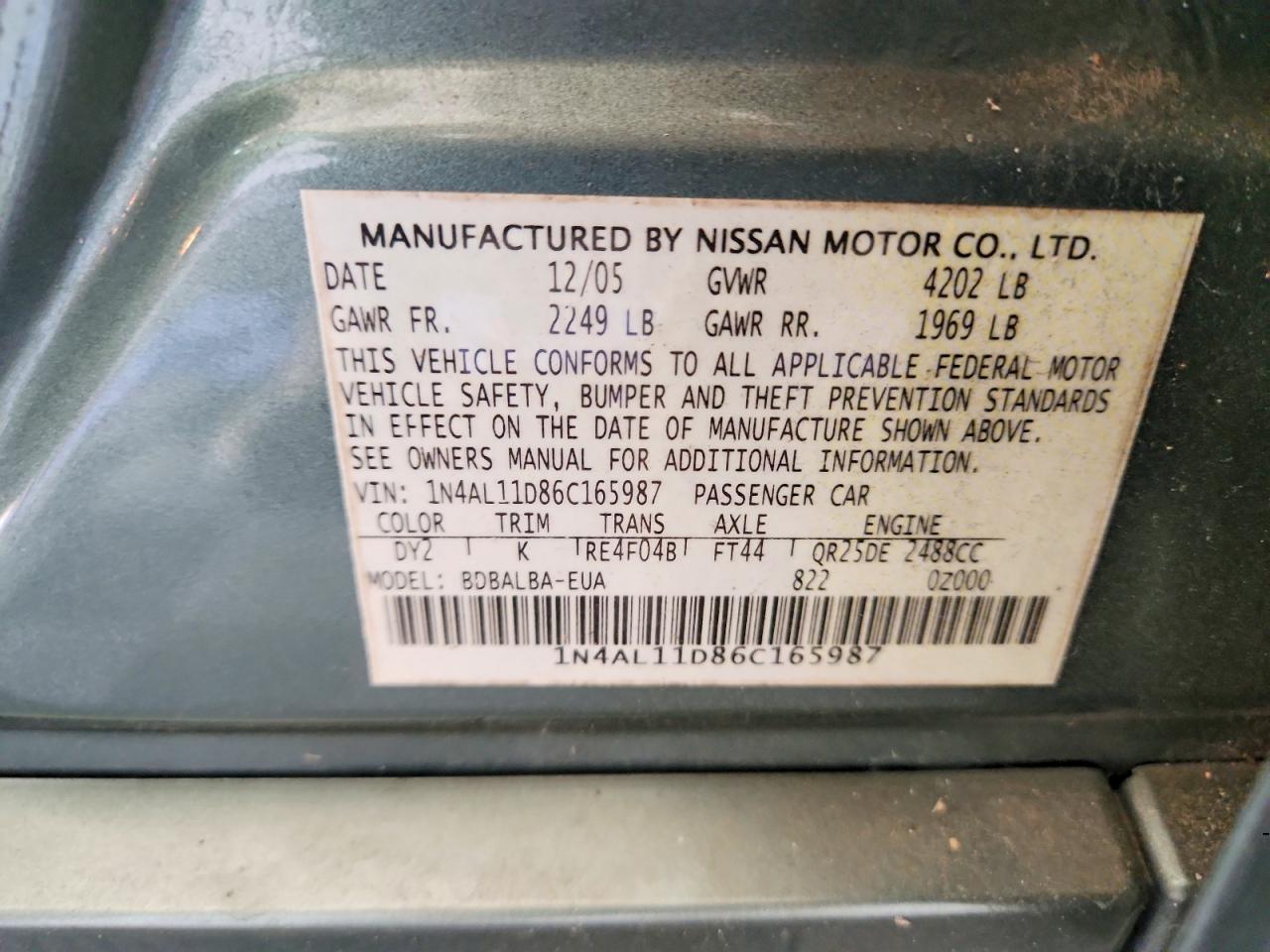 2006 Nissan Altima 2.5 Зеленый vin: 1N4AL11D86C165987