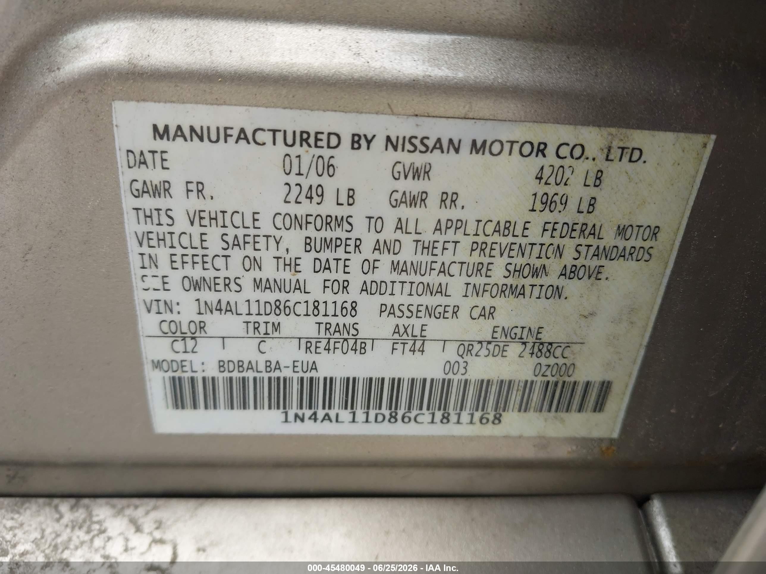 2006 Nissan Altima 2.5 S Gold vin: 1N4AL11D86C181168