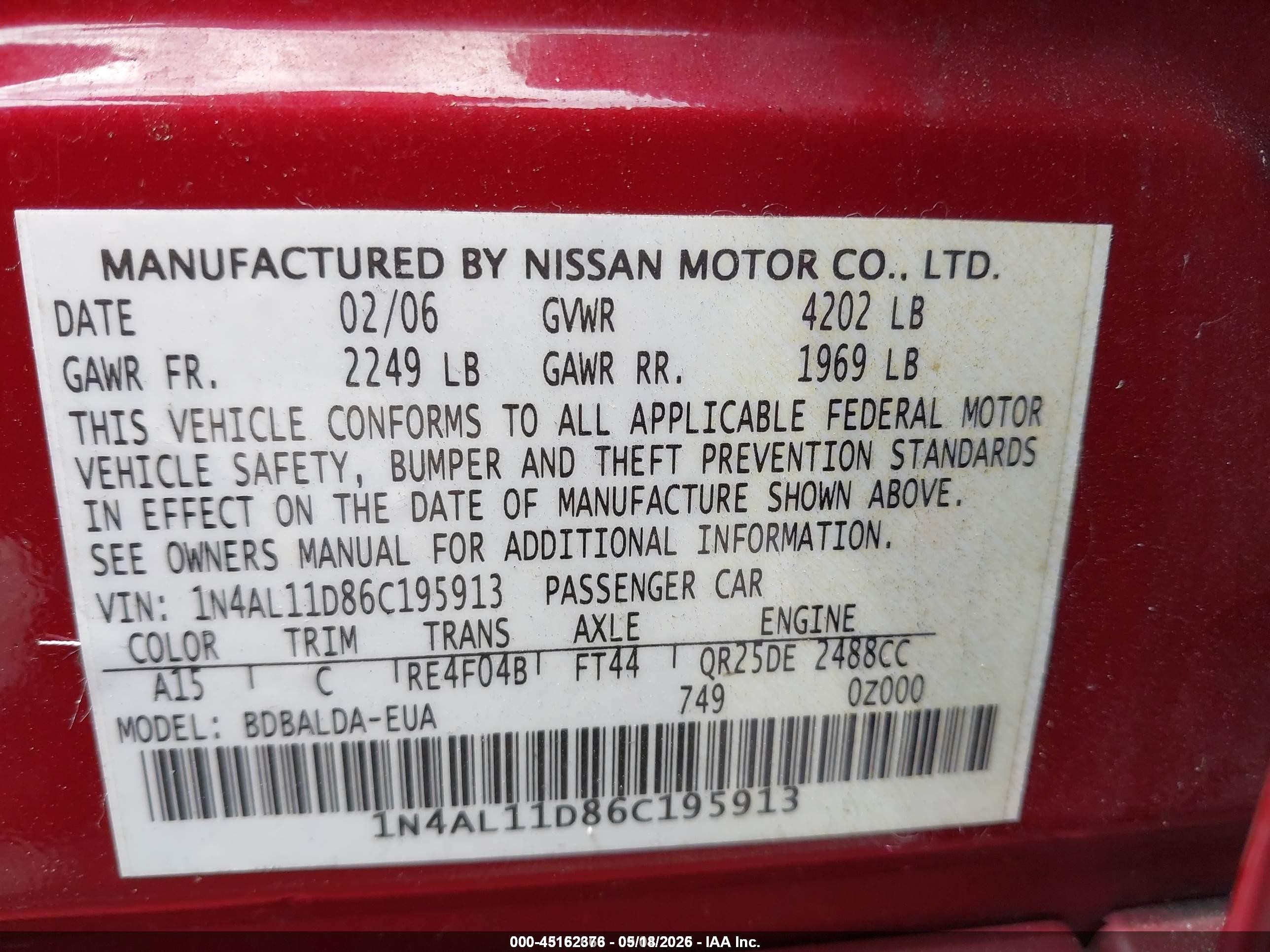 2006 Nissan Altima 2.5 S Red vin: 1N4AL11D86C195913