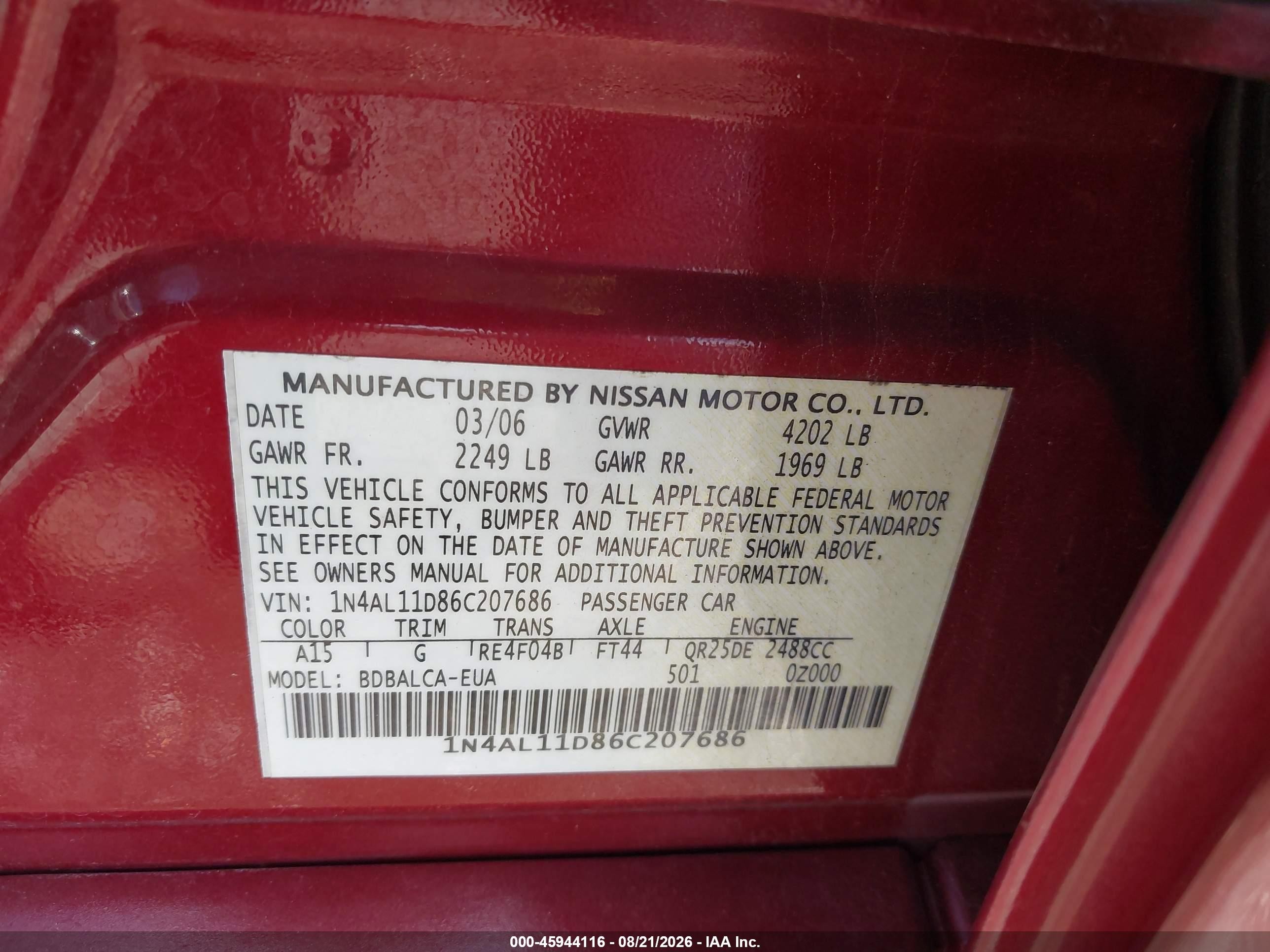 2006 Nissan Altima 2.5 S Maroon vin: 1N4AL11D86C207686