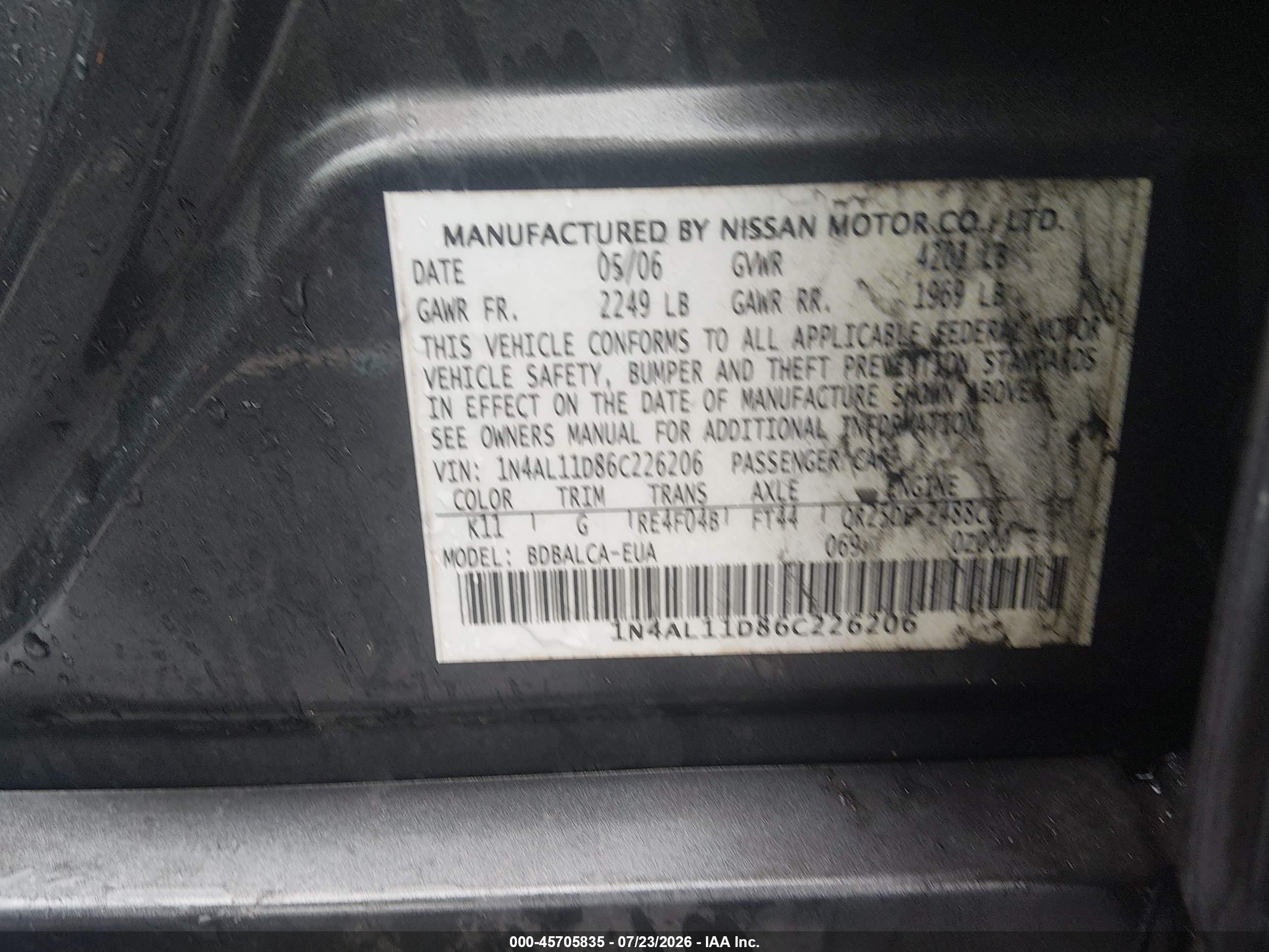 2006 Nissan Altima 2.5 S Gray vin: 1N4AL11D86C226206
