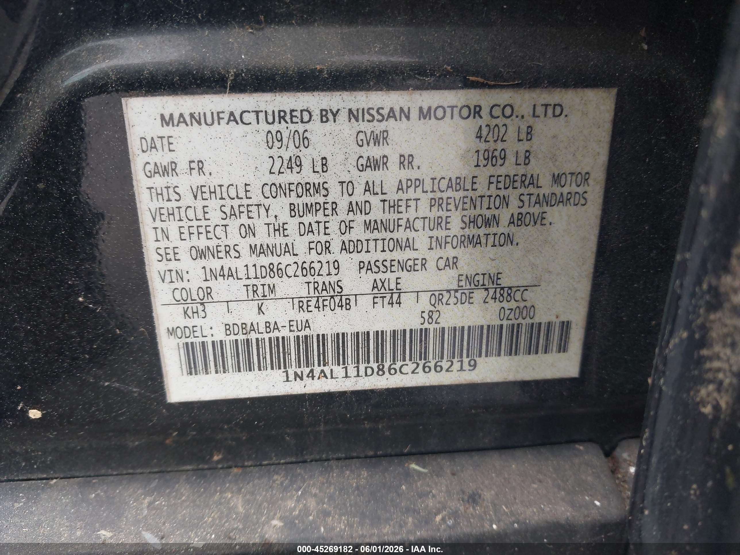 2006 Nissan Altima 2.5 S Black vin: 1N4AL11D86C266219