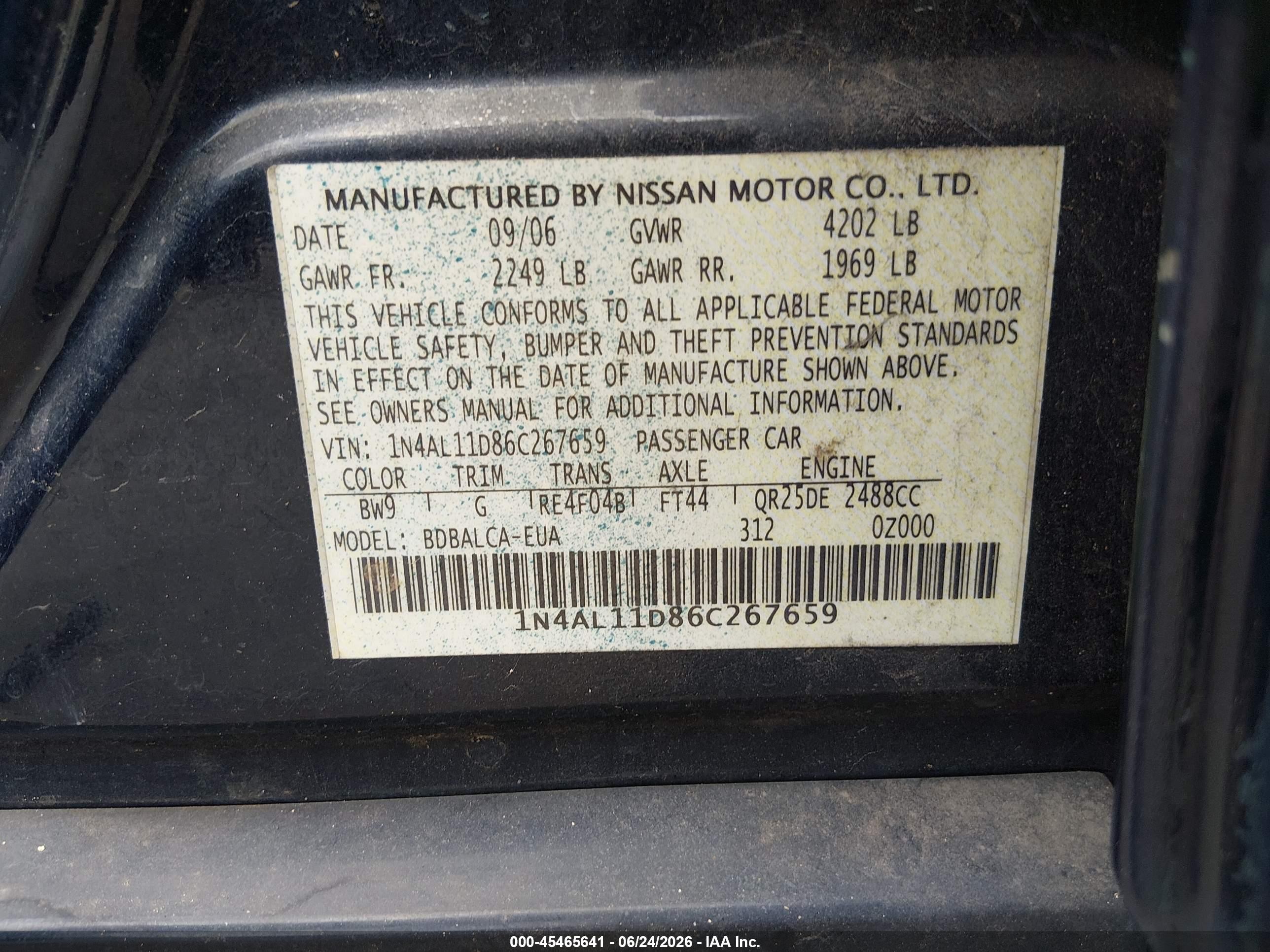 2006 Nissan Altima 2.5 S Blue vin: 1N4AL11D86C267659