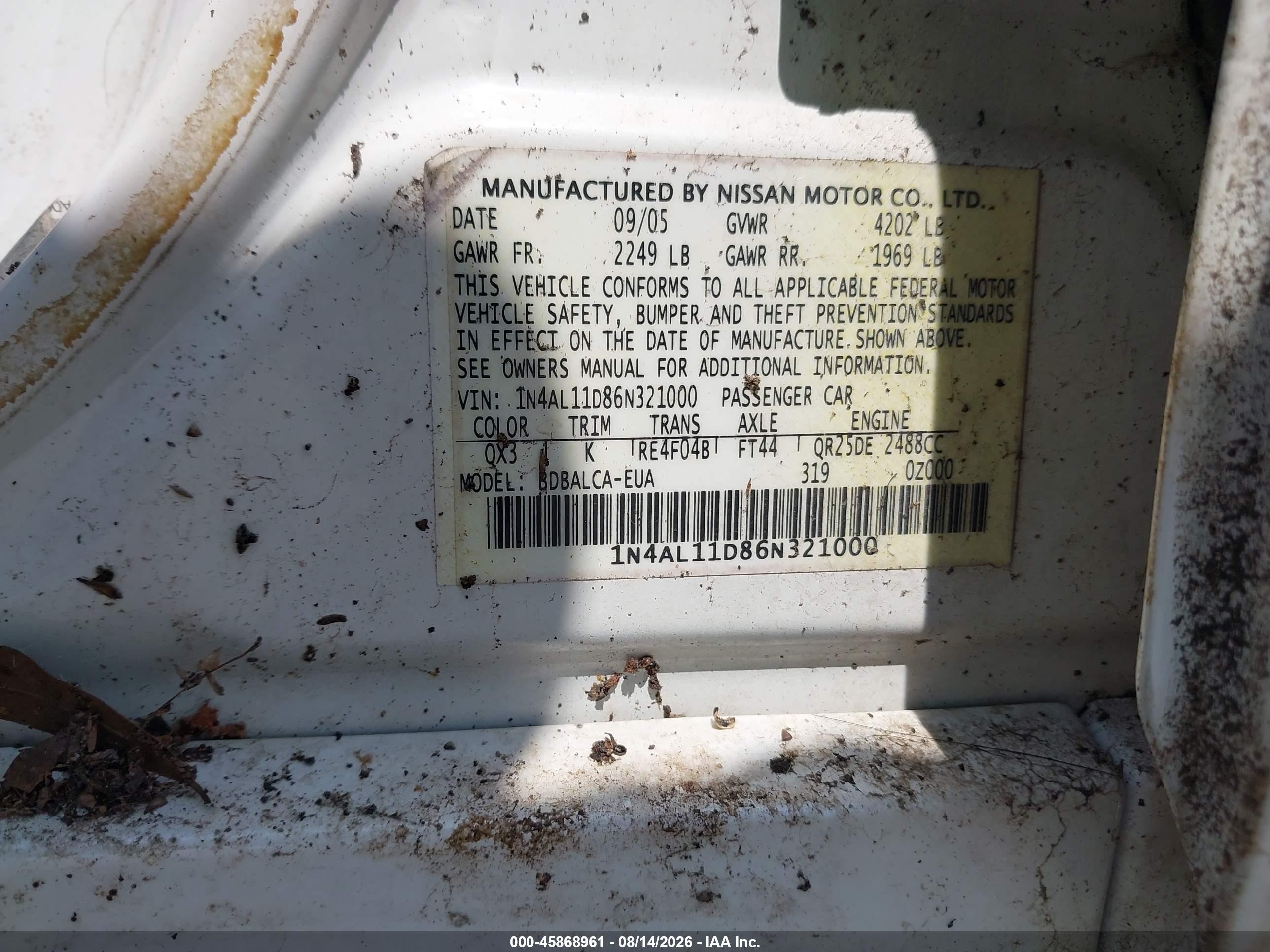 2006 Nissan Altima 2.5 S White vin: 1N4AL11D86N321000