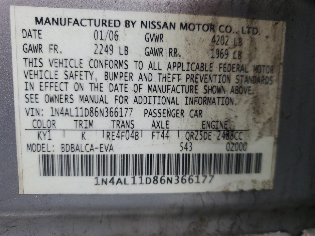2006 Nissan Altima S Silver vin: 1N4AL11D86N366177