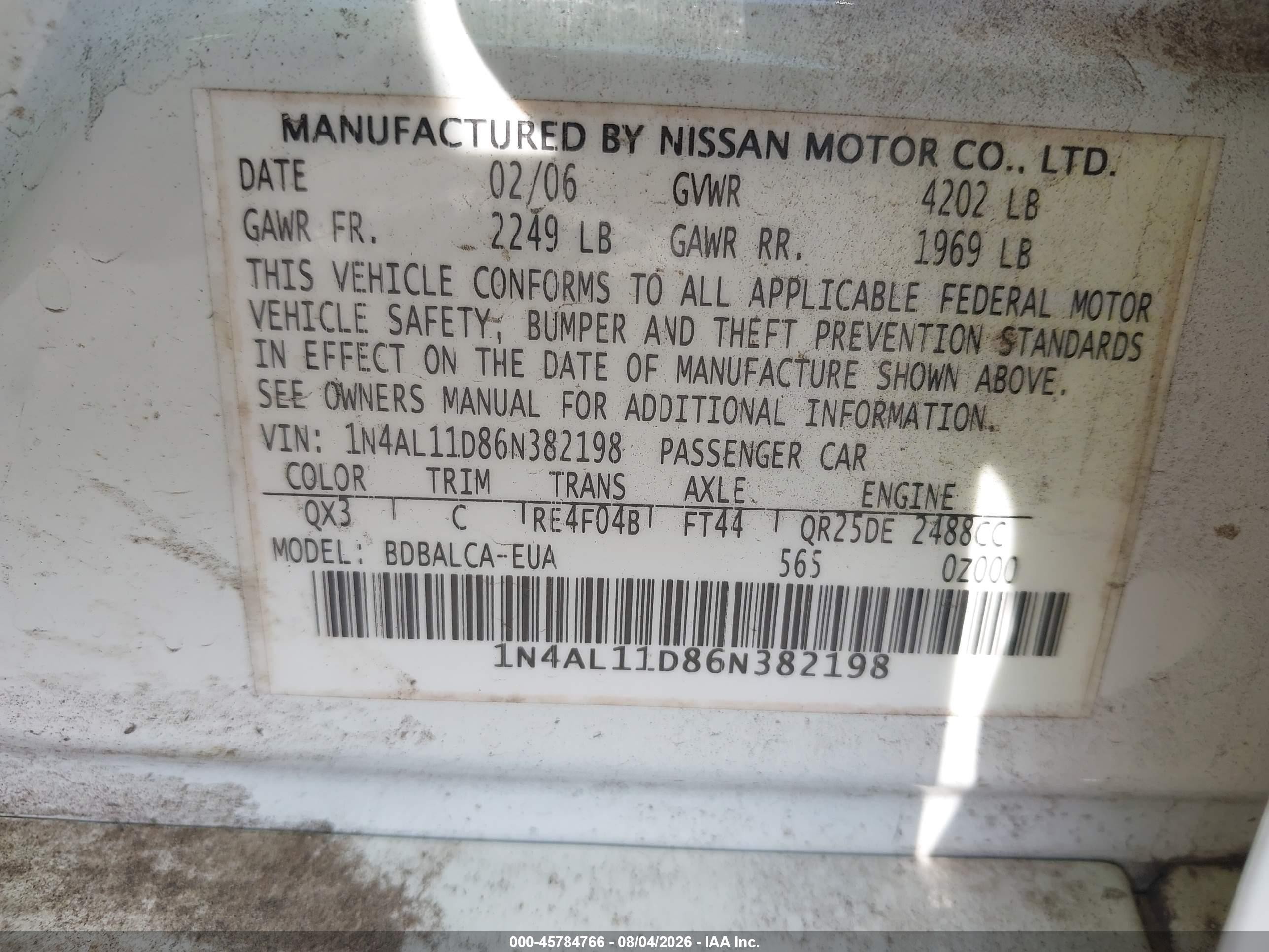 2006 Nissan Altima 2.5 S Белый vin: 1N4AL11D86N382198