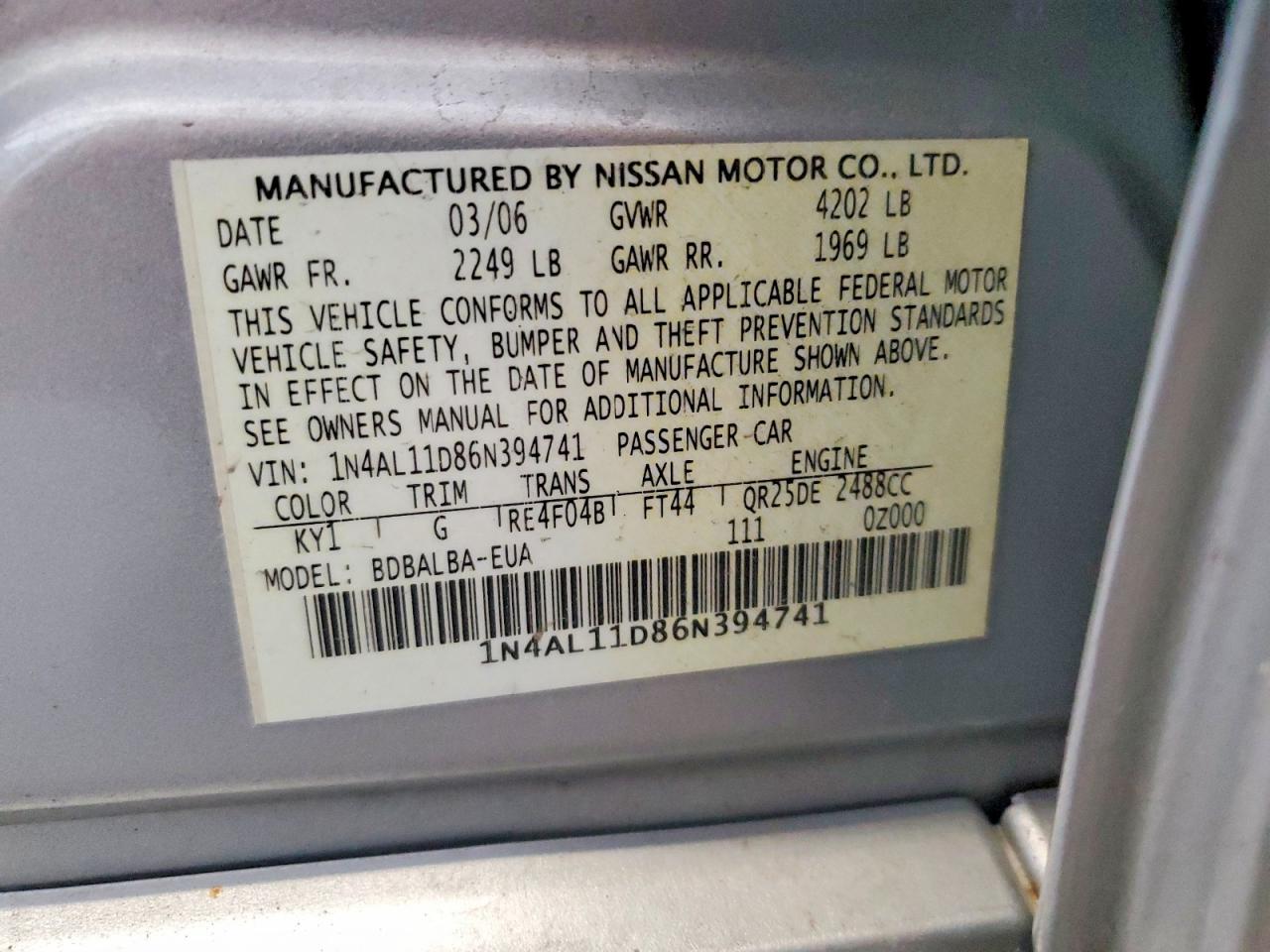 2006 Nissan Altima 2.5 Silver vin: 1N4AL11D86N394741