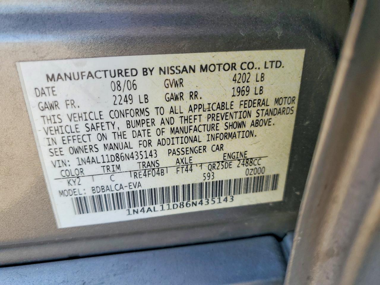 2006 Nissan Altima 2.5 Серый vin: 1N4AL11D86N435143