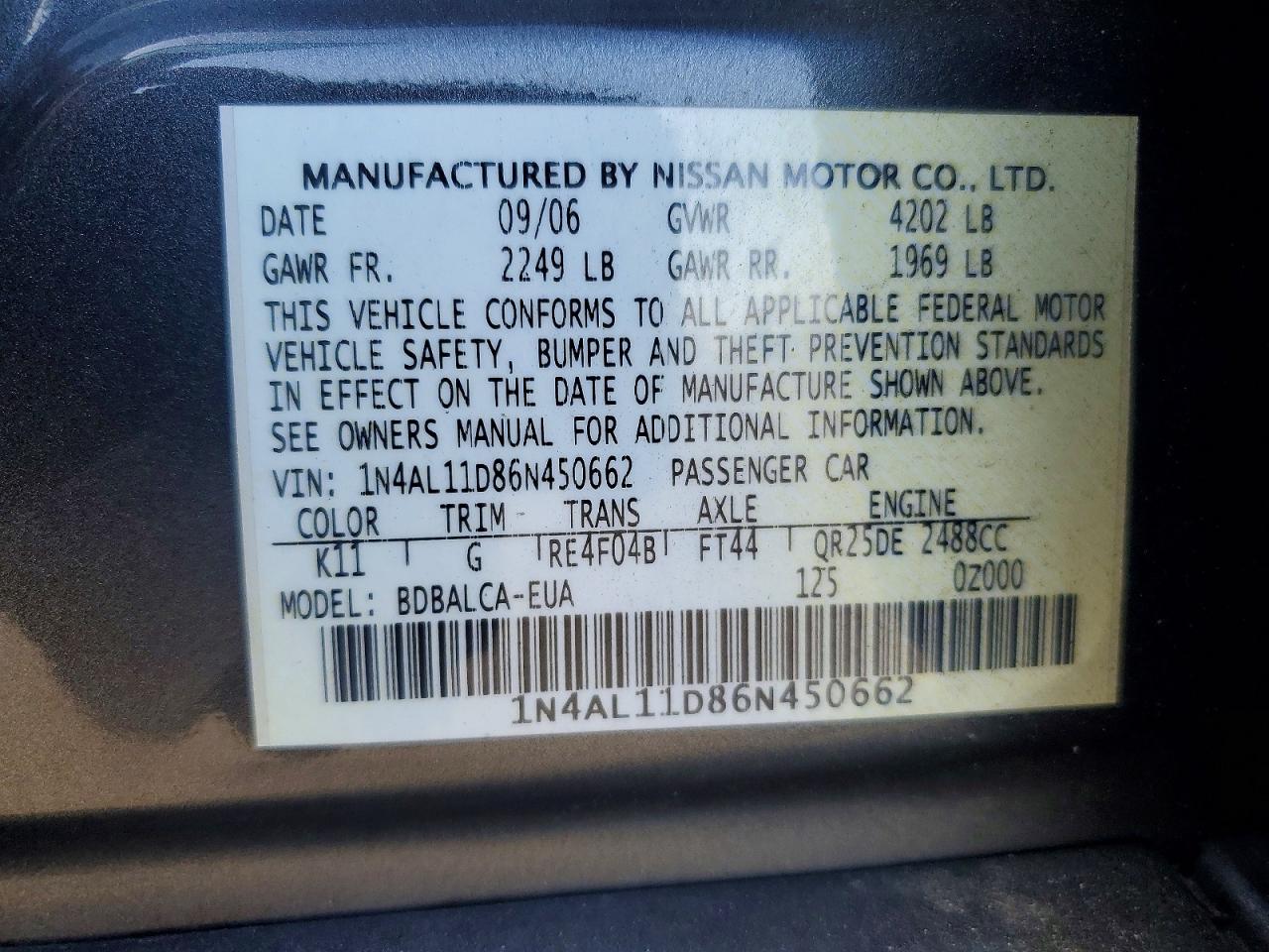2006 Nissan Altima 2.5 Gray vin: 1N4AL11D86N450662