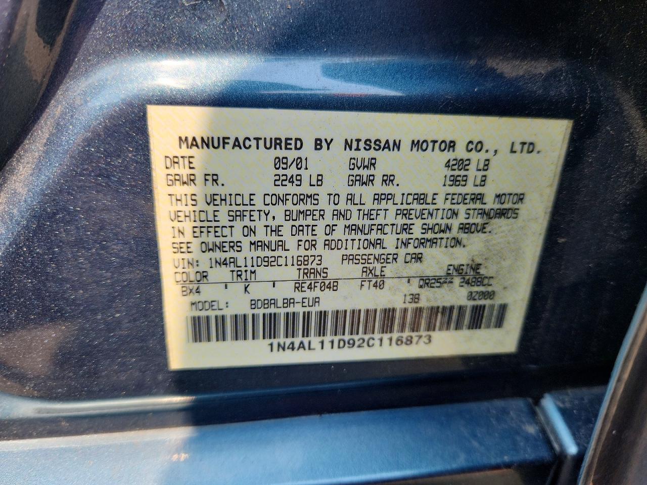 2002 Nissan Altima 2.5 Зеленый vin: 1N4AL11D92C116873