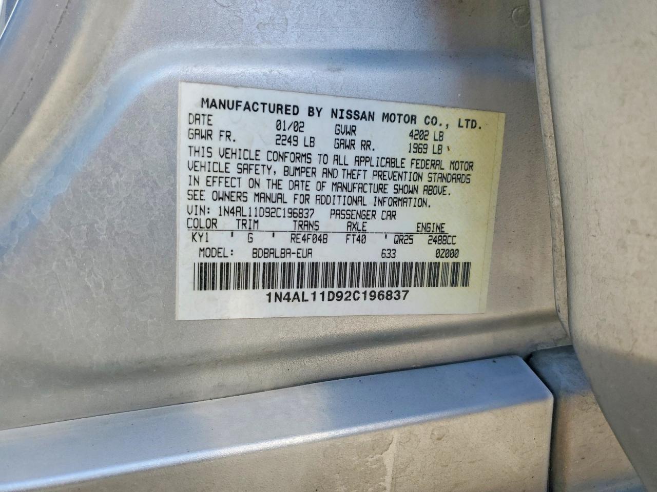 2002 Nissan Altima S Automatic Gray vin: 1N4AL11D92C196837