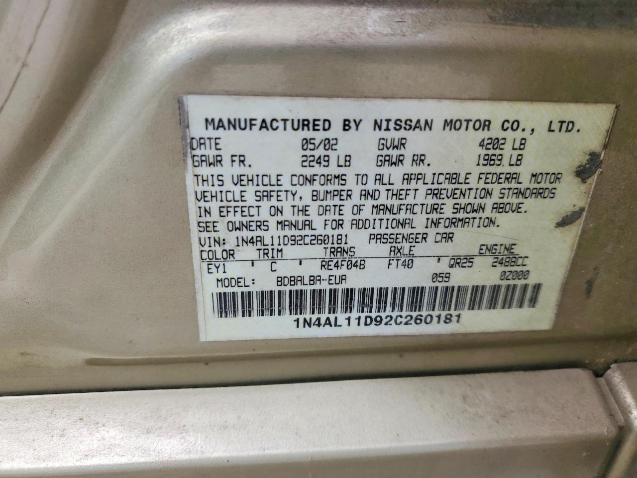 2002 Nissan Altima Gold vin: 1N4AL11D92C260181