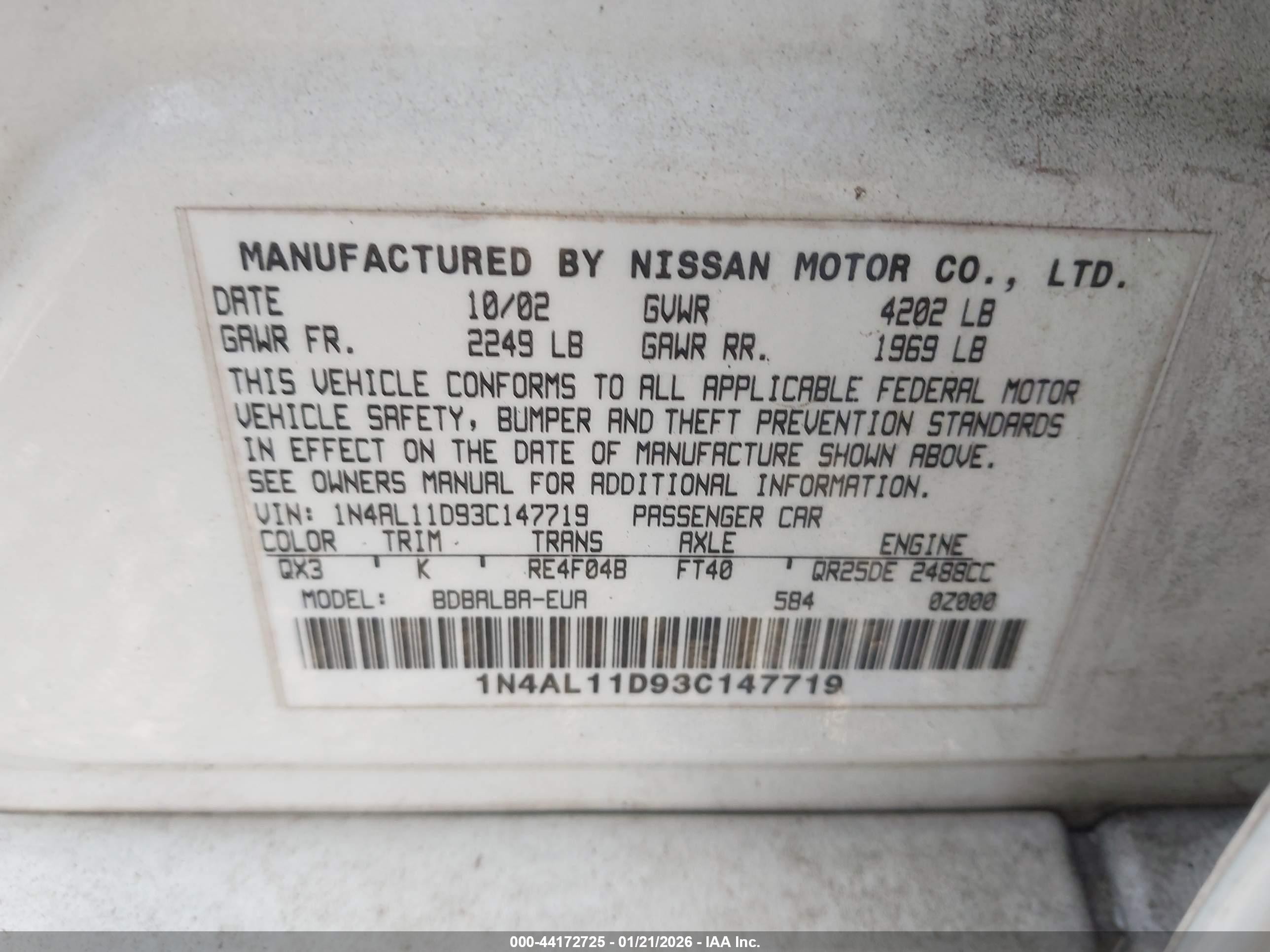 2003 Nissan Altima 2.5 S Белый vin: 1N4AL11D93C147719