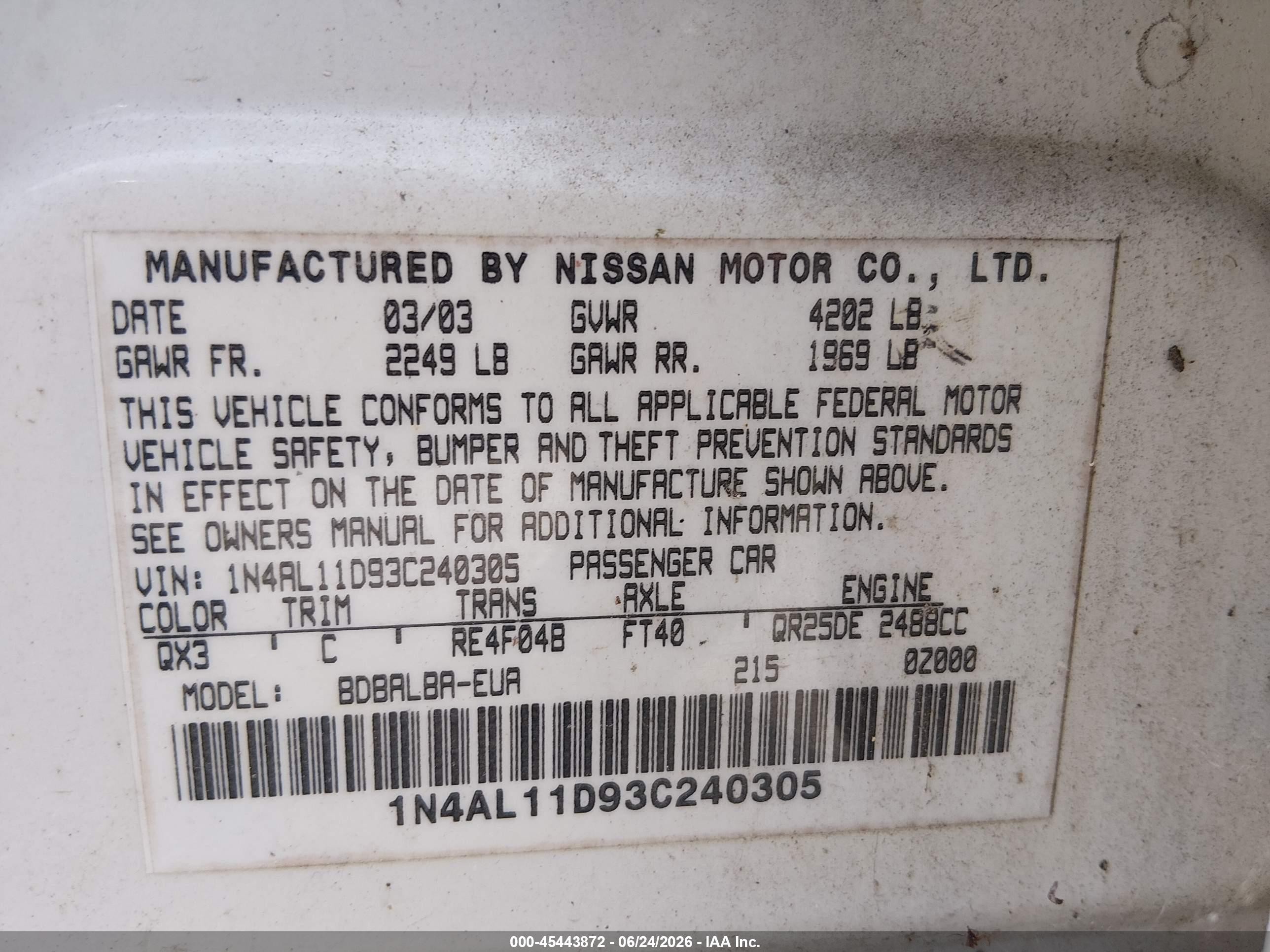 2003 Nissan Altima 2.5 Sl White vin: 1N4AL11D93C240305