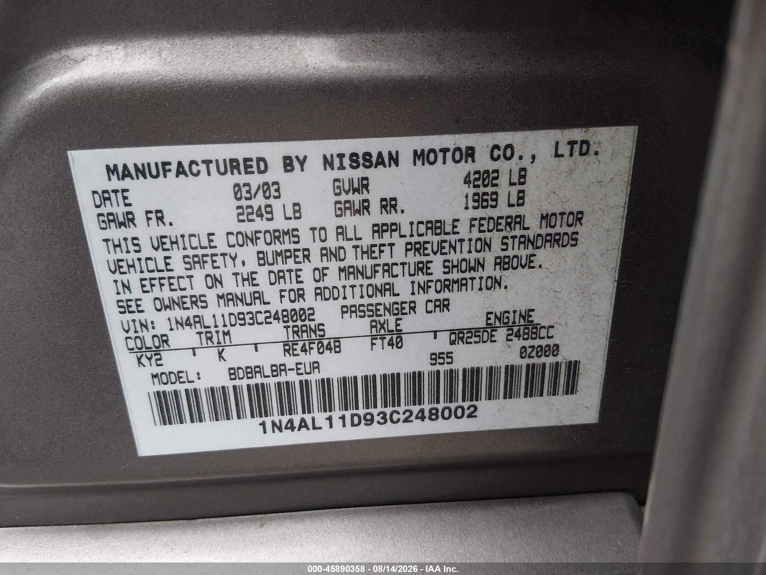 2003 Nissan Altima 2.5 S Коричневый vin: 1N4AL11D93C248002